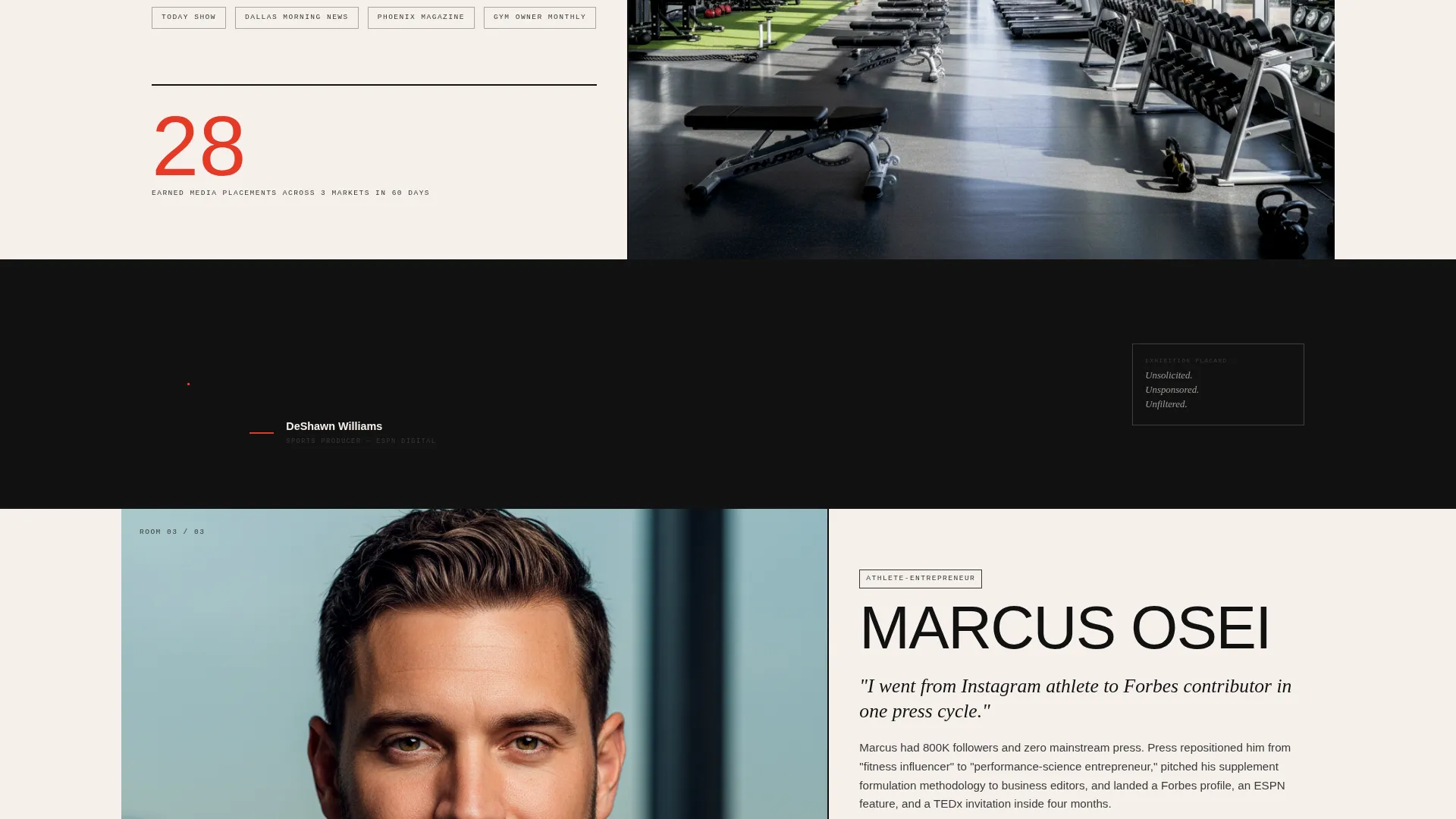 Bold Brutalist Fitness PR Agency Landing Page Template