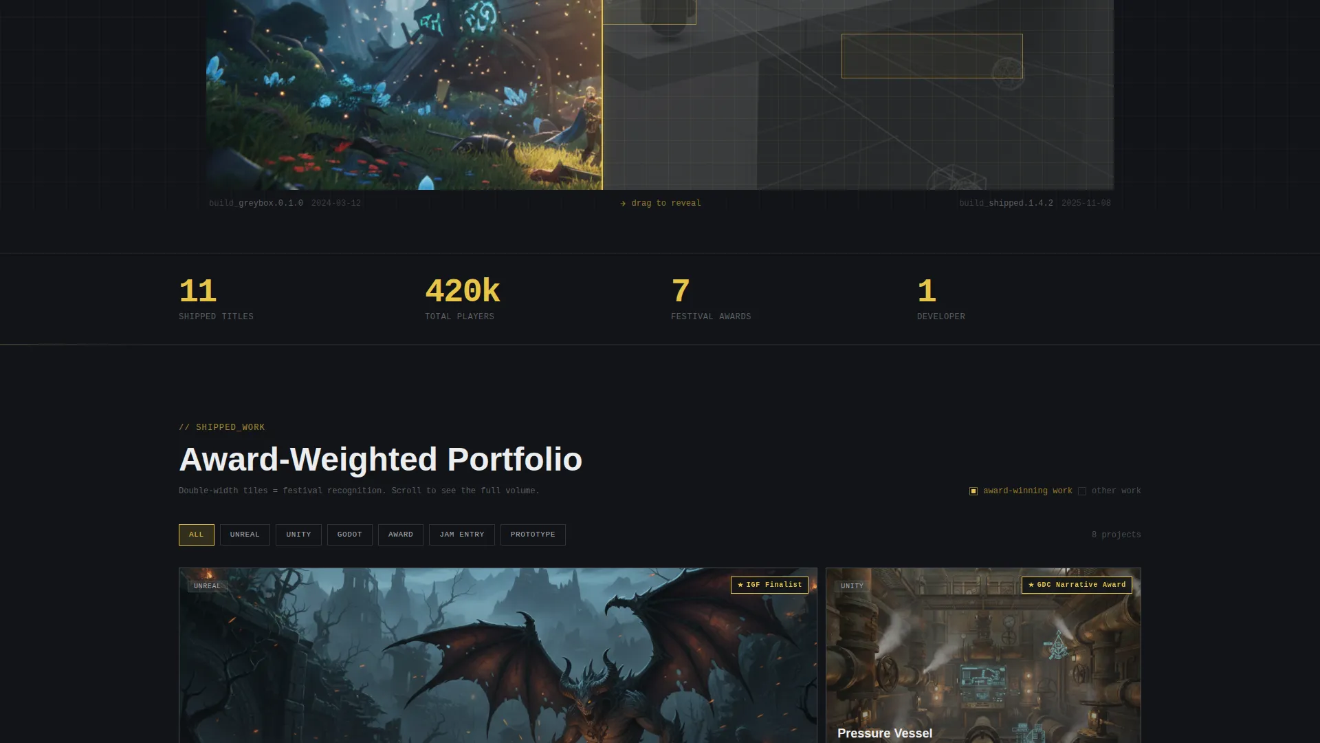 Game Developer Portfolio Bento Grid Landing Page