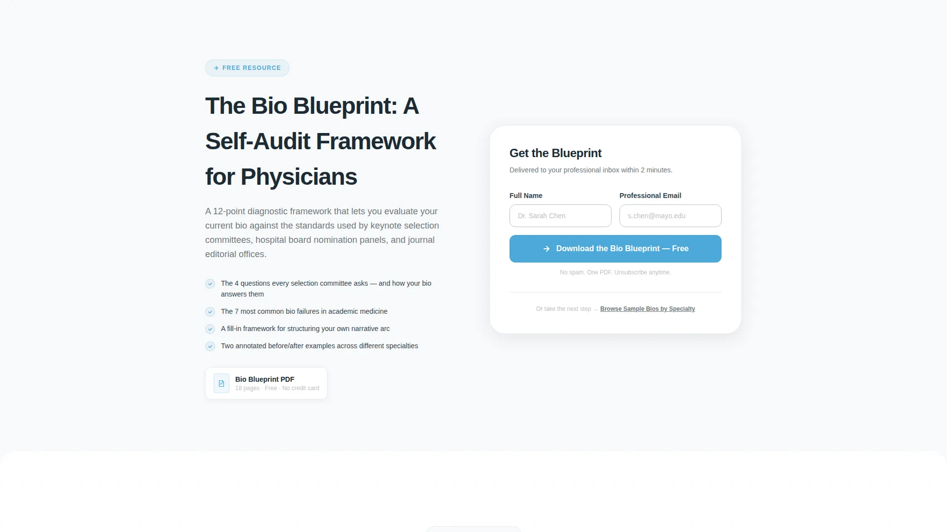 Healthcare Professional Executive Bio Landing Page