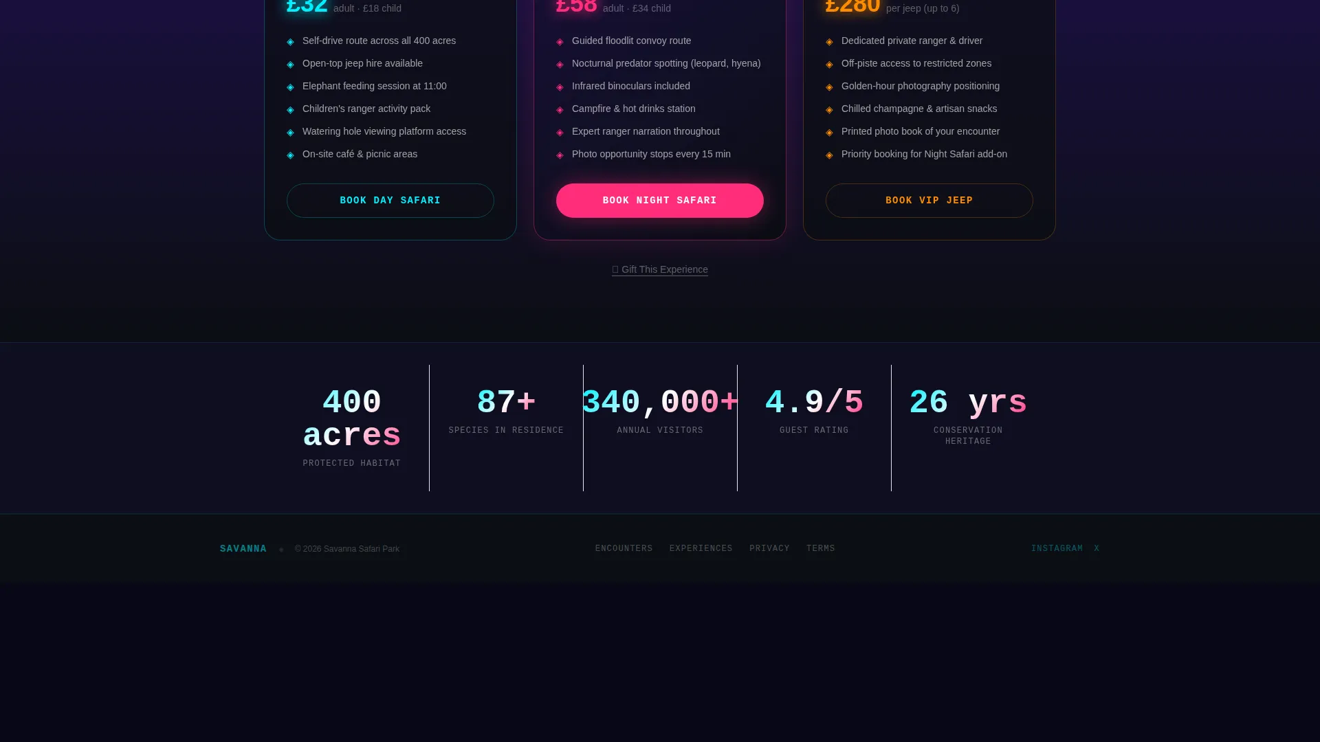 Safari Park Landing Page Template | Futuristic Neon