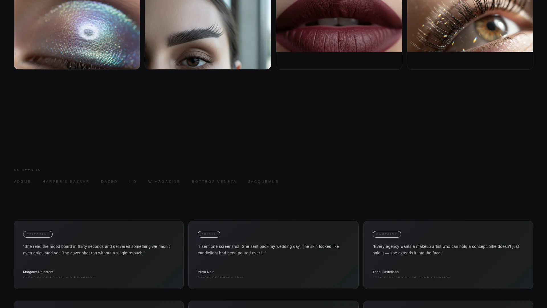 Cinematic Makeup Artist Bento Grid Landing Page