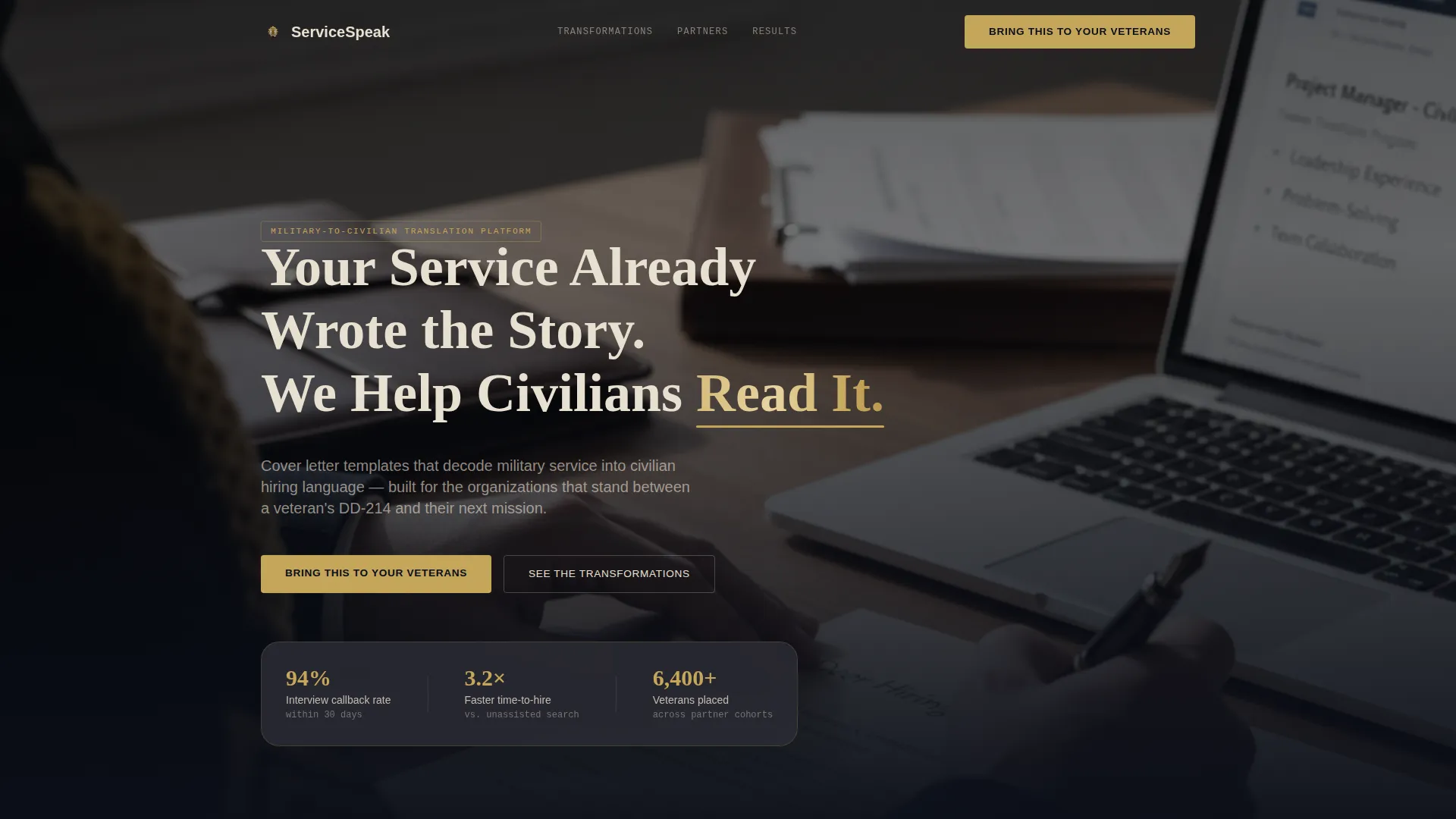 Military to Civilian Cover Letter Landing Page