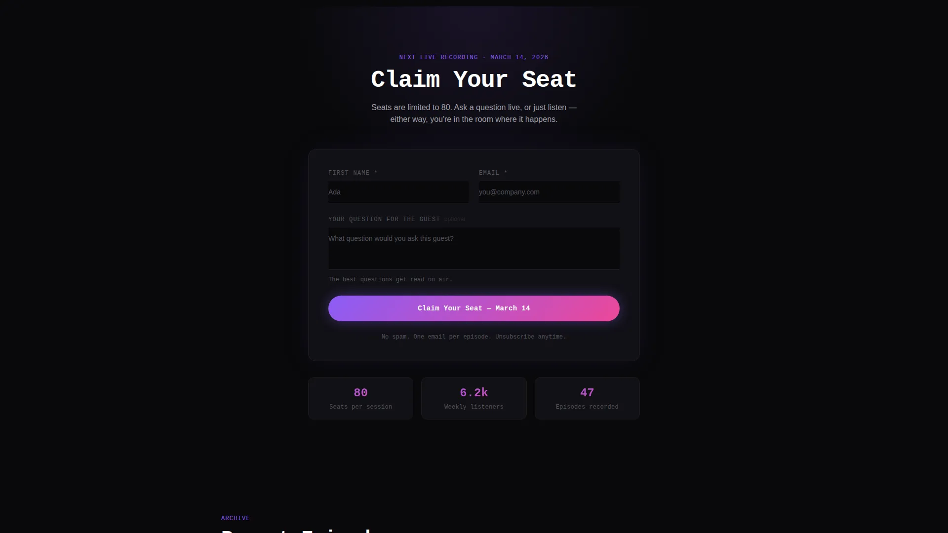 Dark Immersive Technology Podcast Landing Page