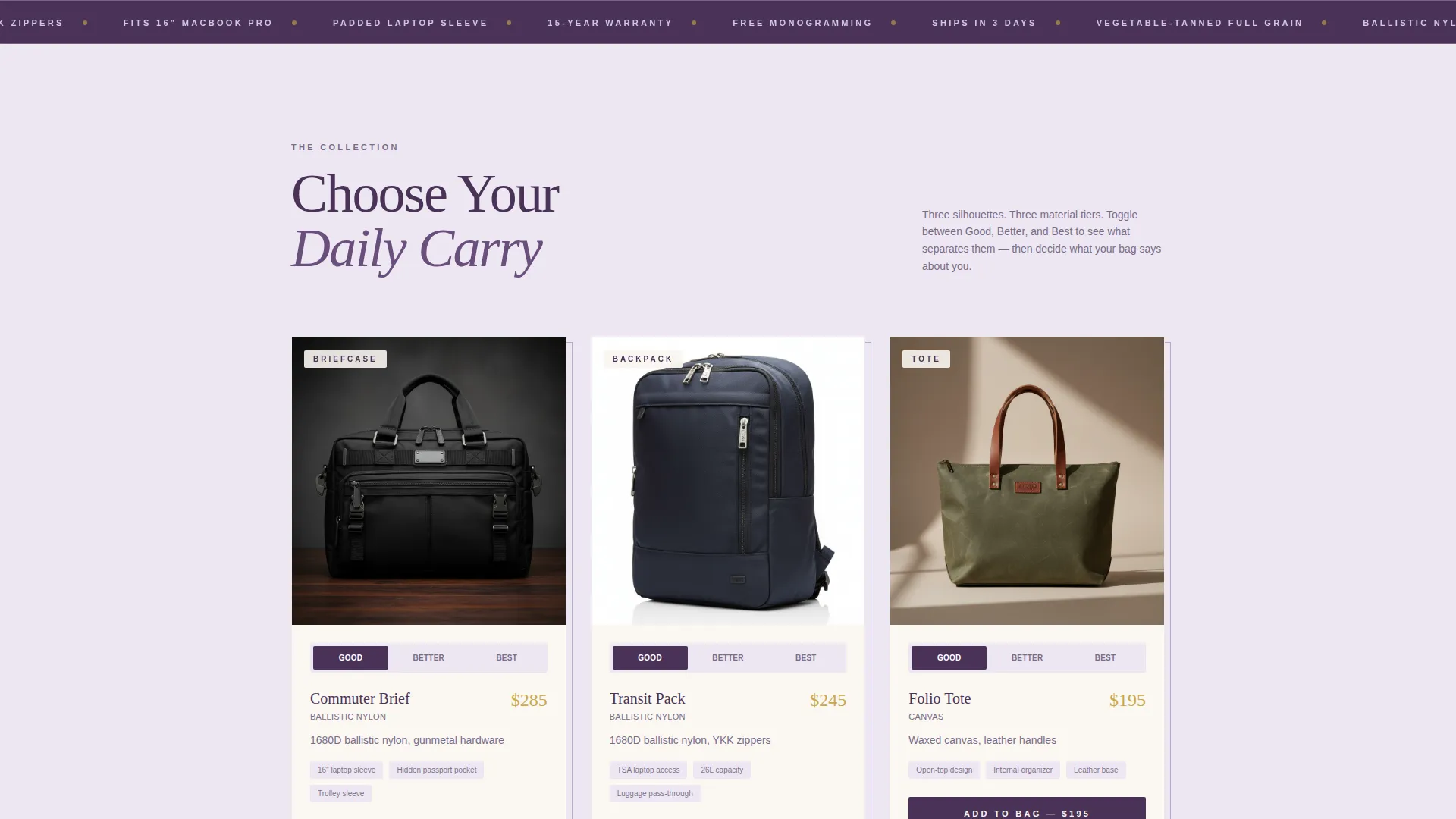 Specialist Bag & Luggage Brand Portfolio & Case Study Website Template