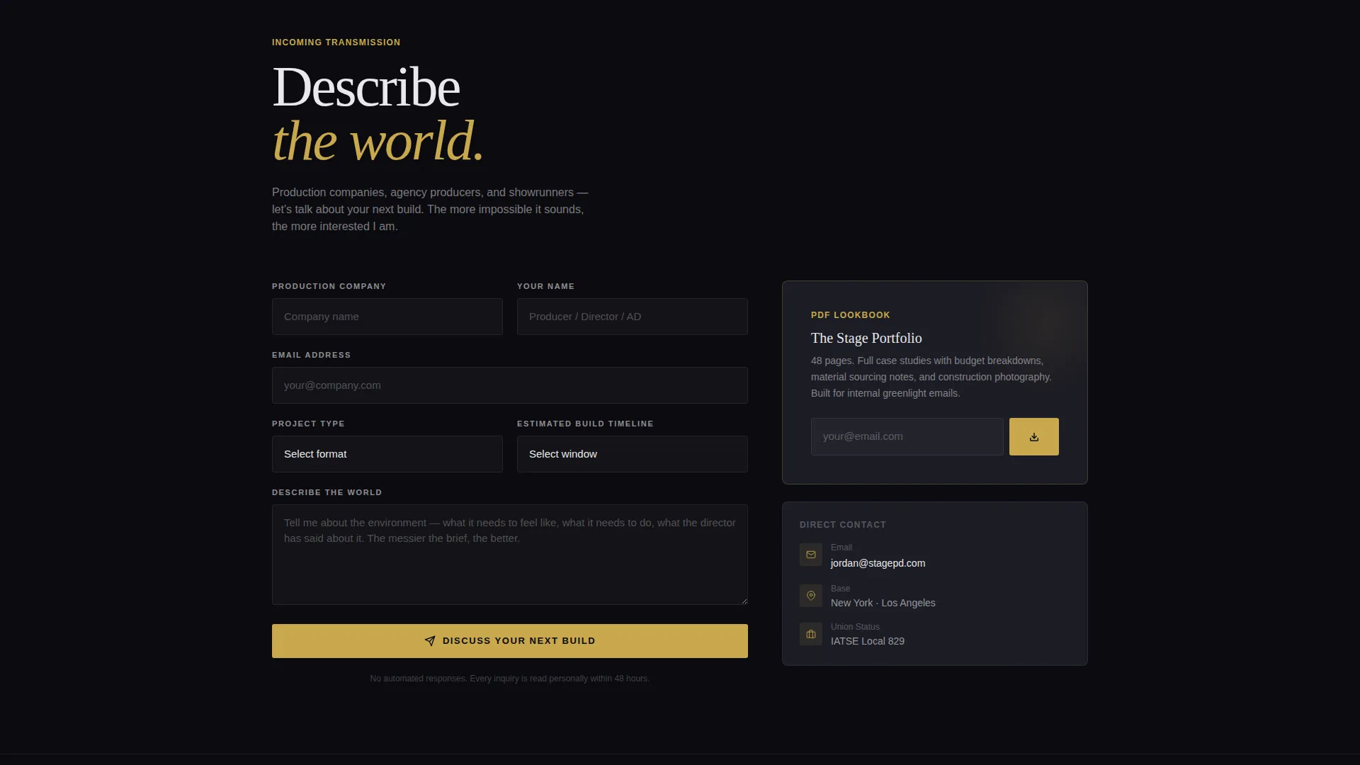 Cinematic Set Designer Portfolio Landing Page