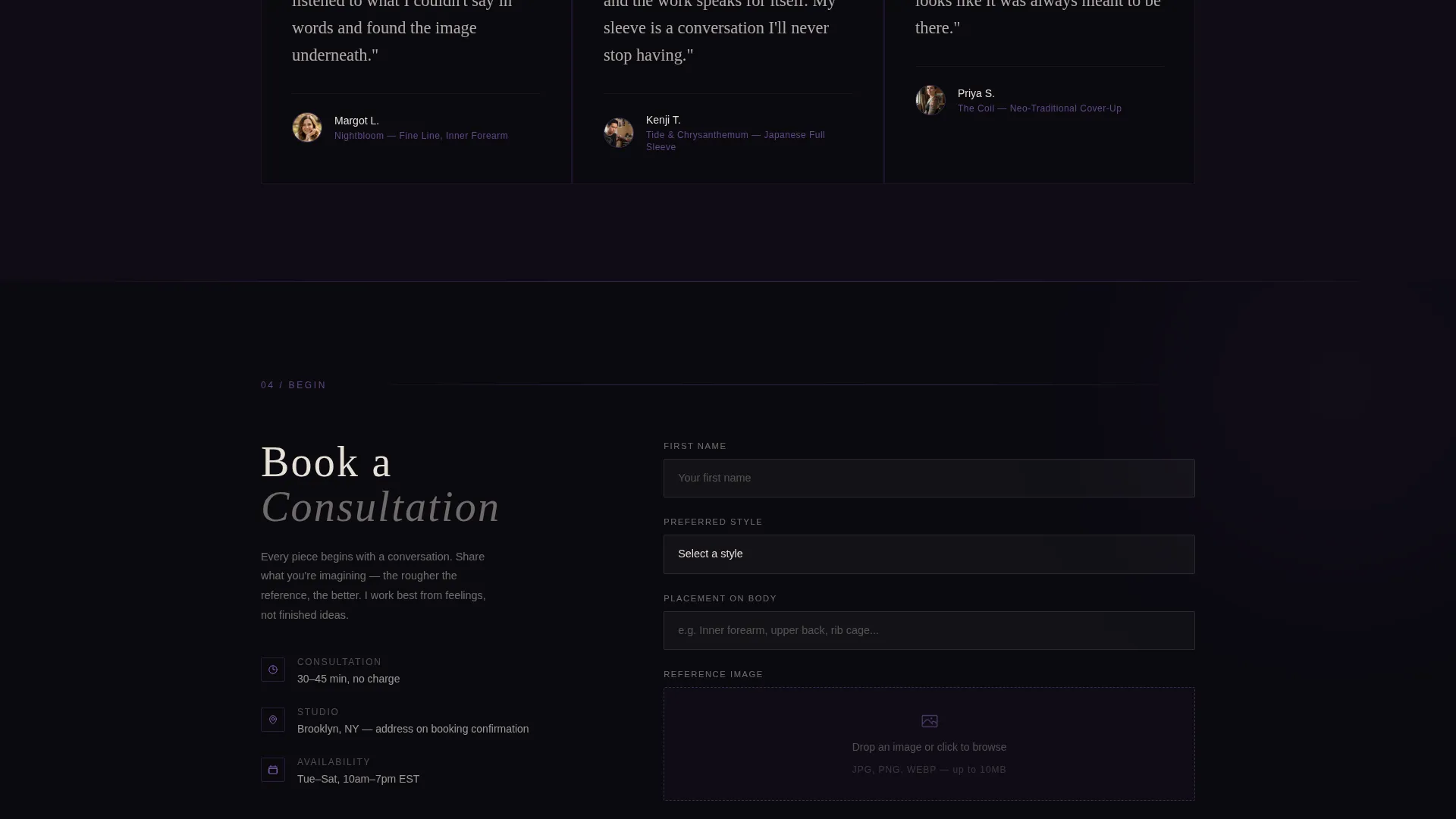 Immersive Tattoo Artist Portfolio Landing Page Template