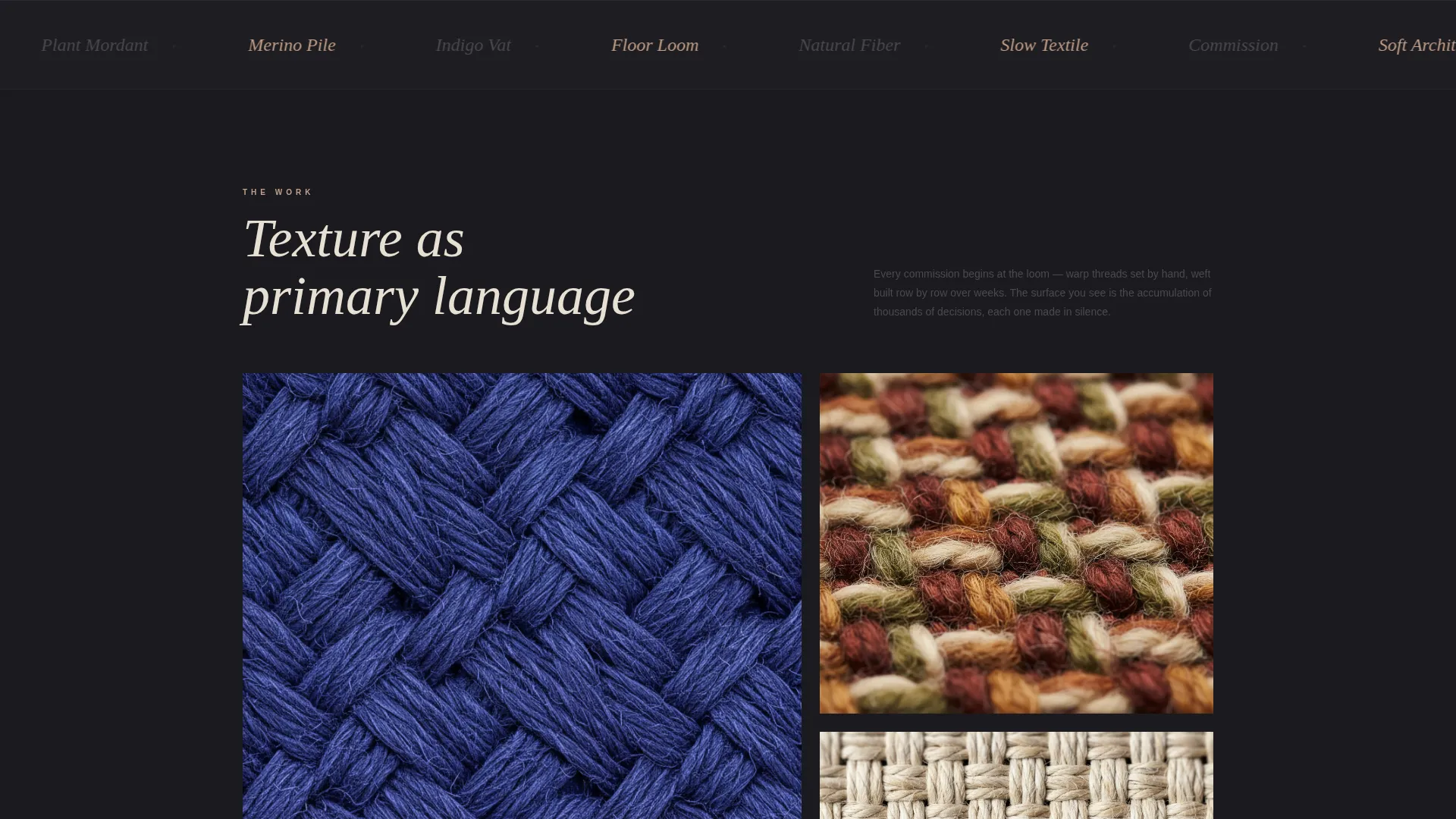 Sculptural Textile Artist Dark Theme Landing Page