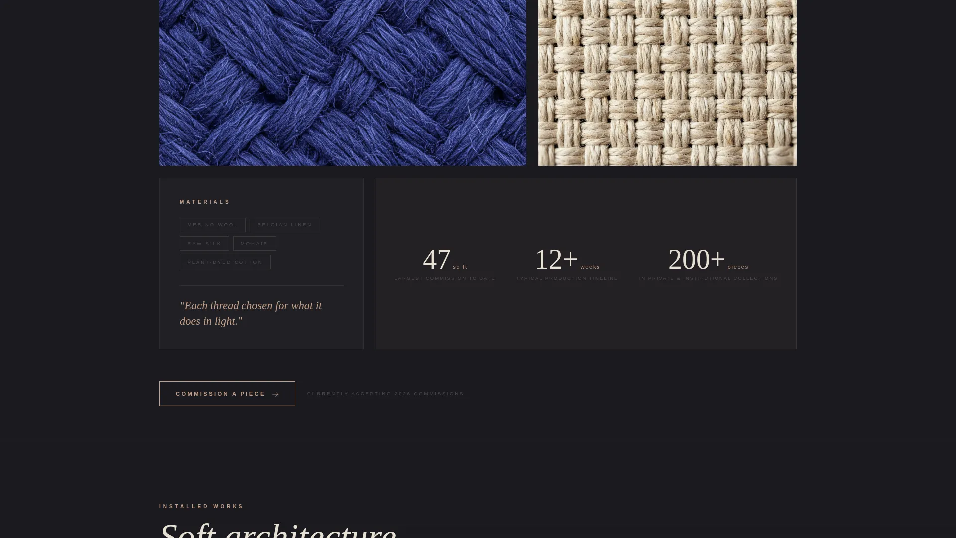 Sculptural Textile Artist Dark Theme Landing Page