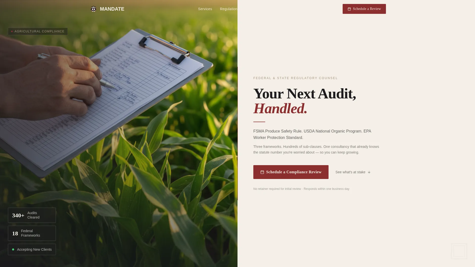 Agriculture Compliance Consultant Landing Page Template