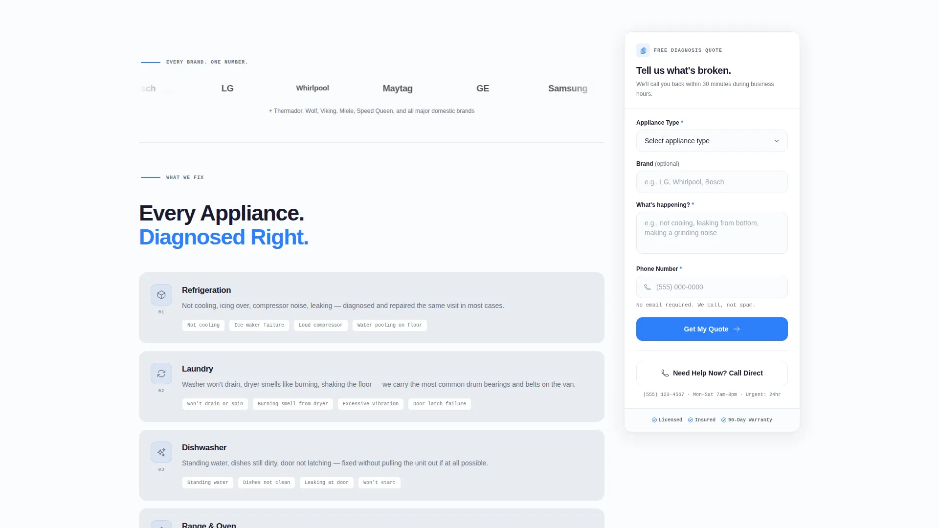 Appliance Technician Quote Request Landing Page