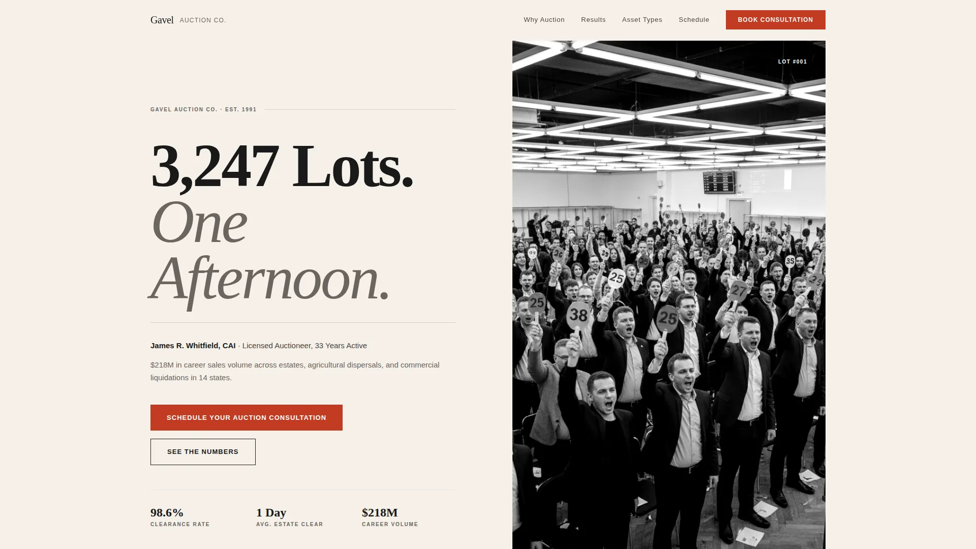 Auctioneer Landing Page Template for Bookings