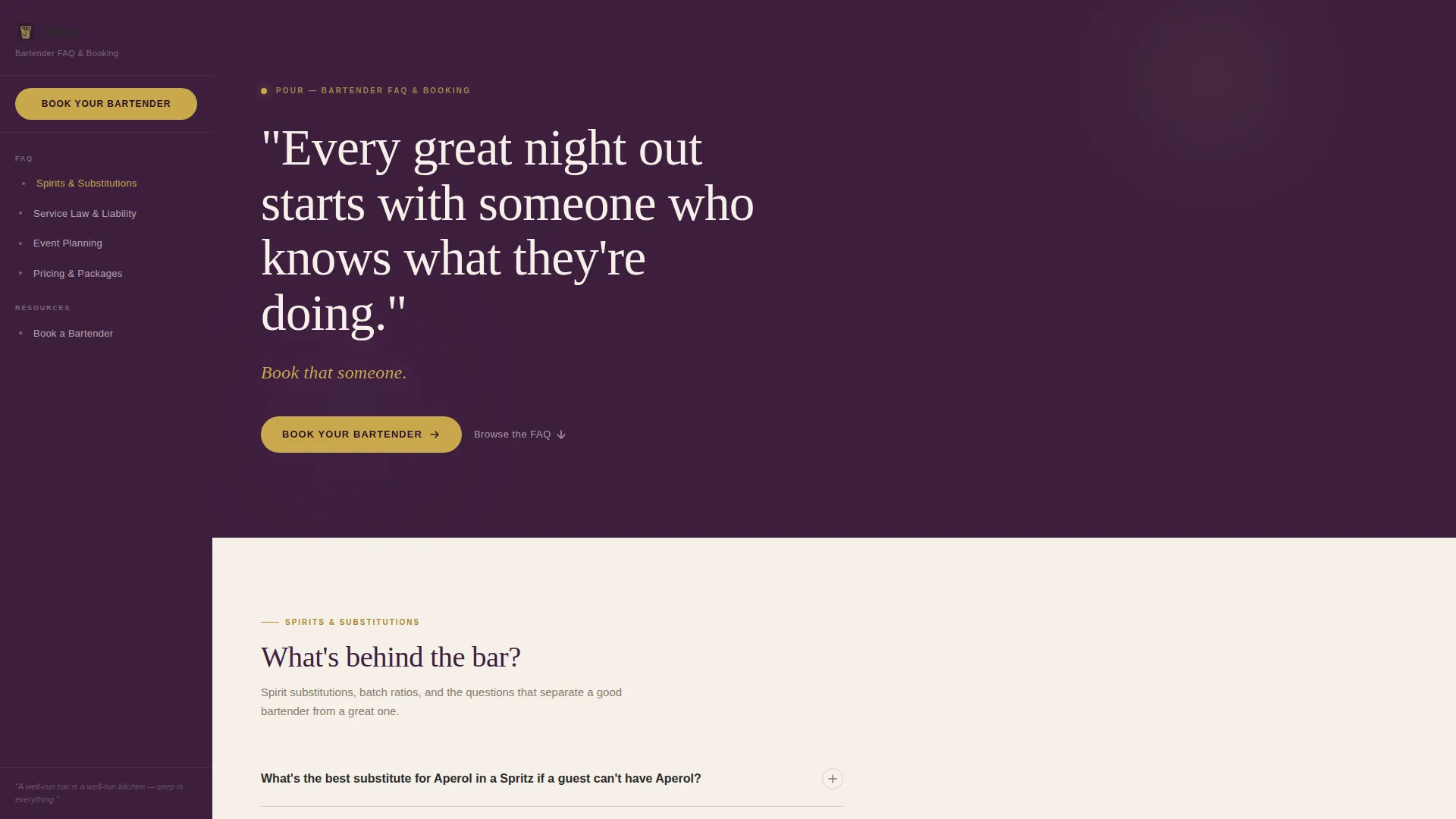 Bartender FAQ & Booking Landing Page Template