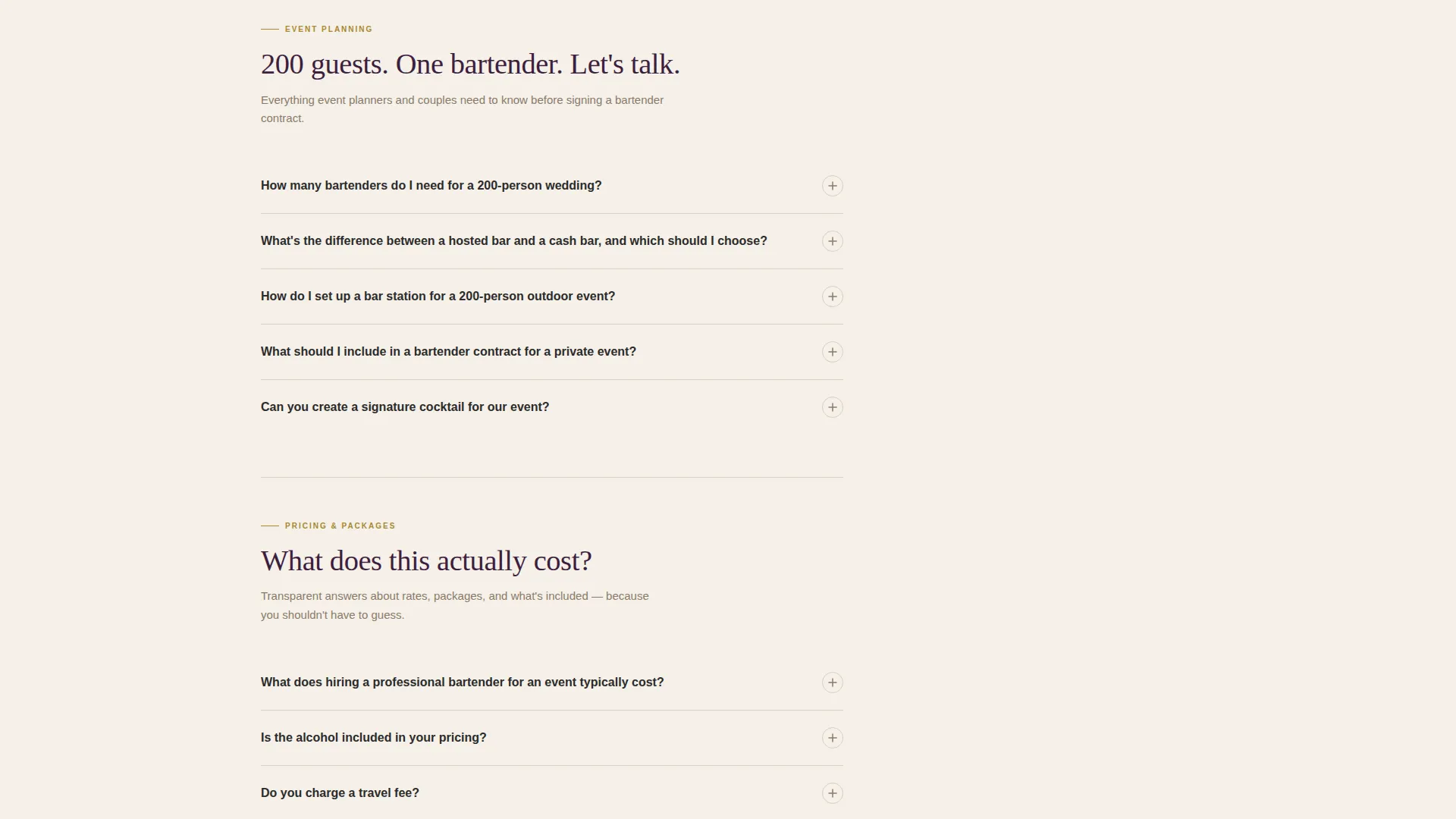 Bartender FAQ & Booking Landing Page Template