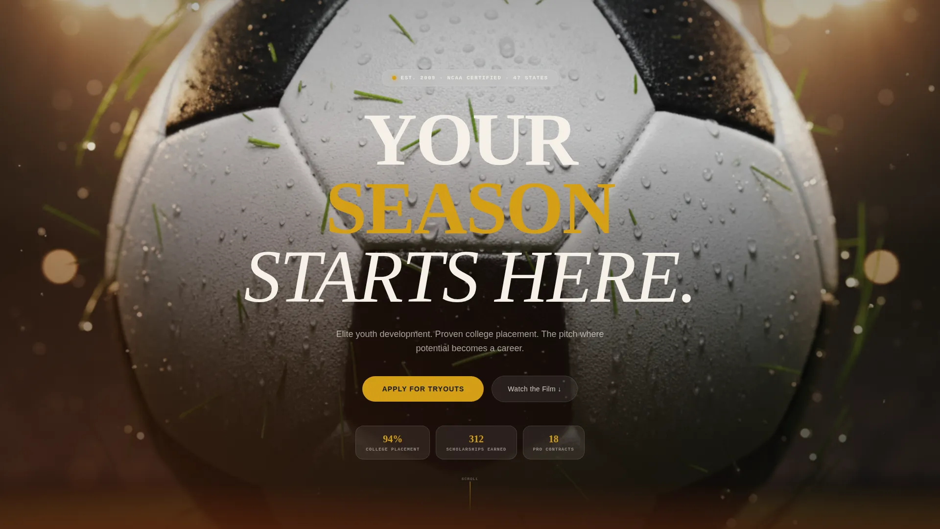 Cinematic Soccer College Landing Page Template