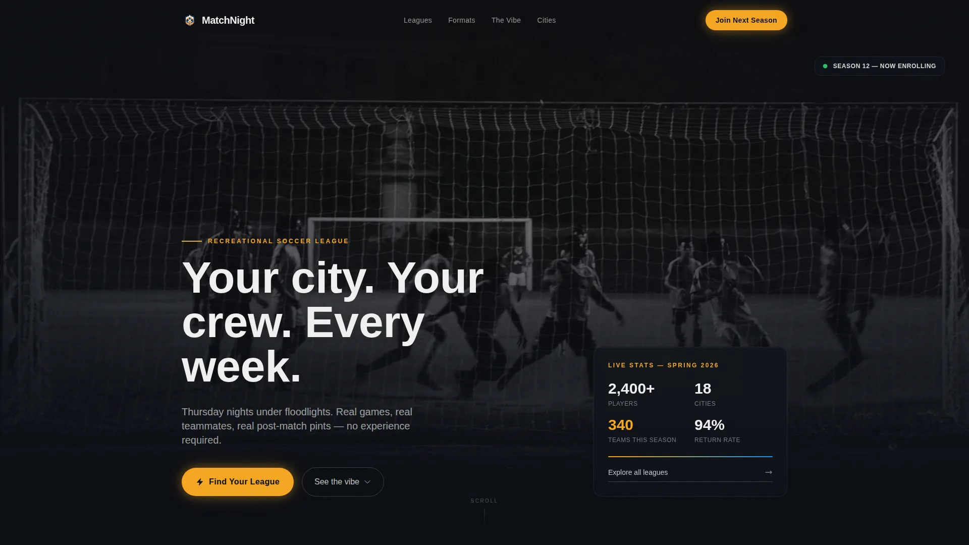 Cinematic Soccer League Landing Page Template