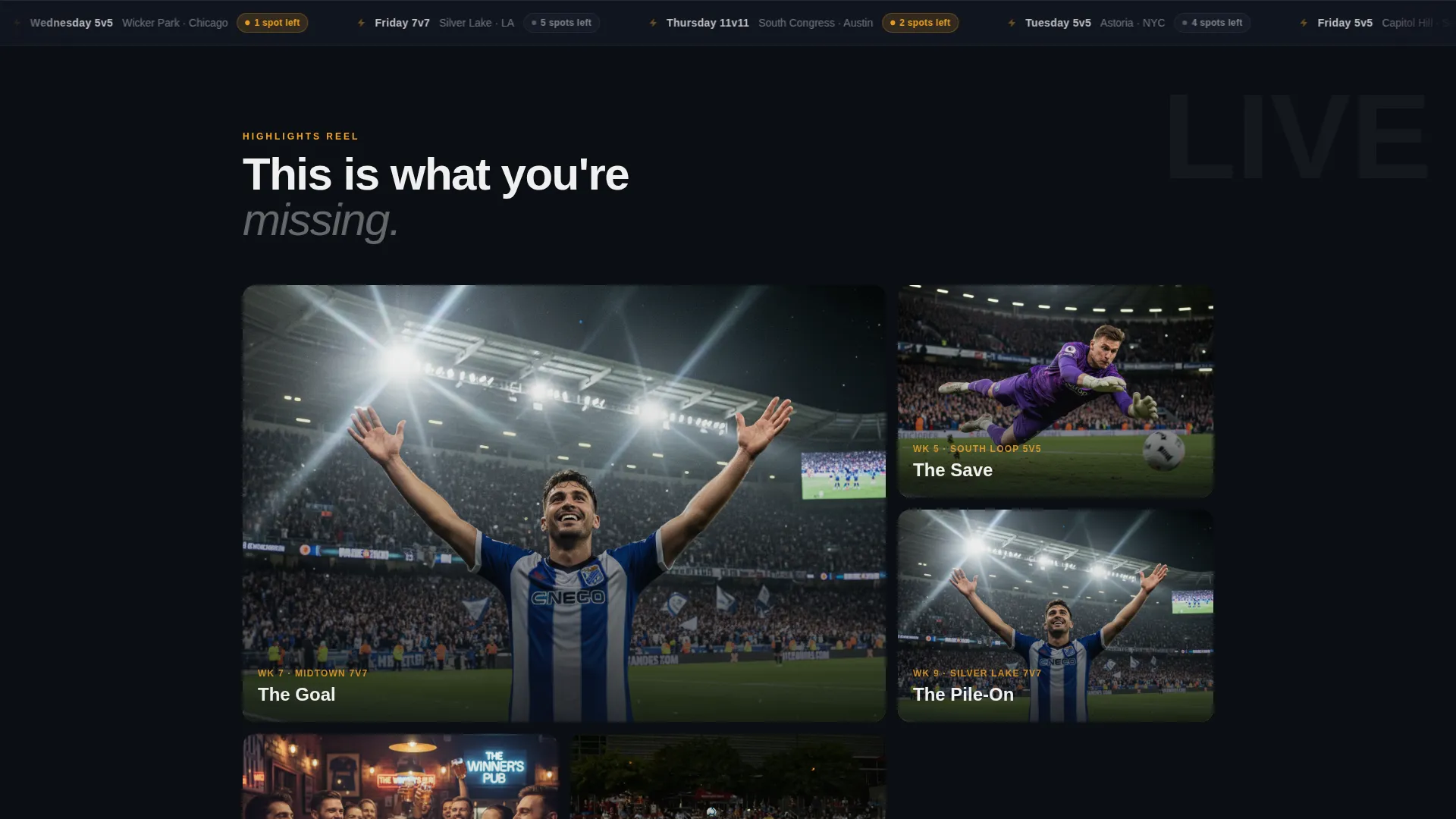 Cinematic Soccer League Landing Page Template