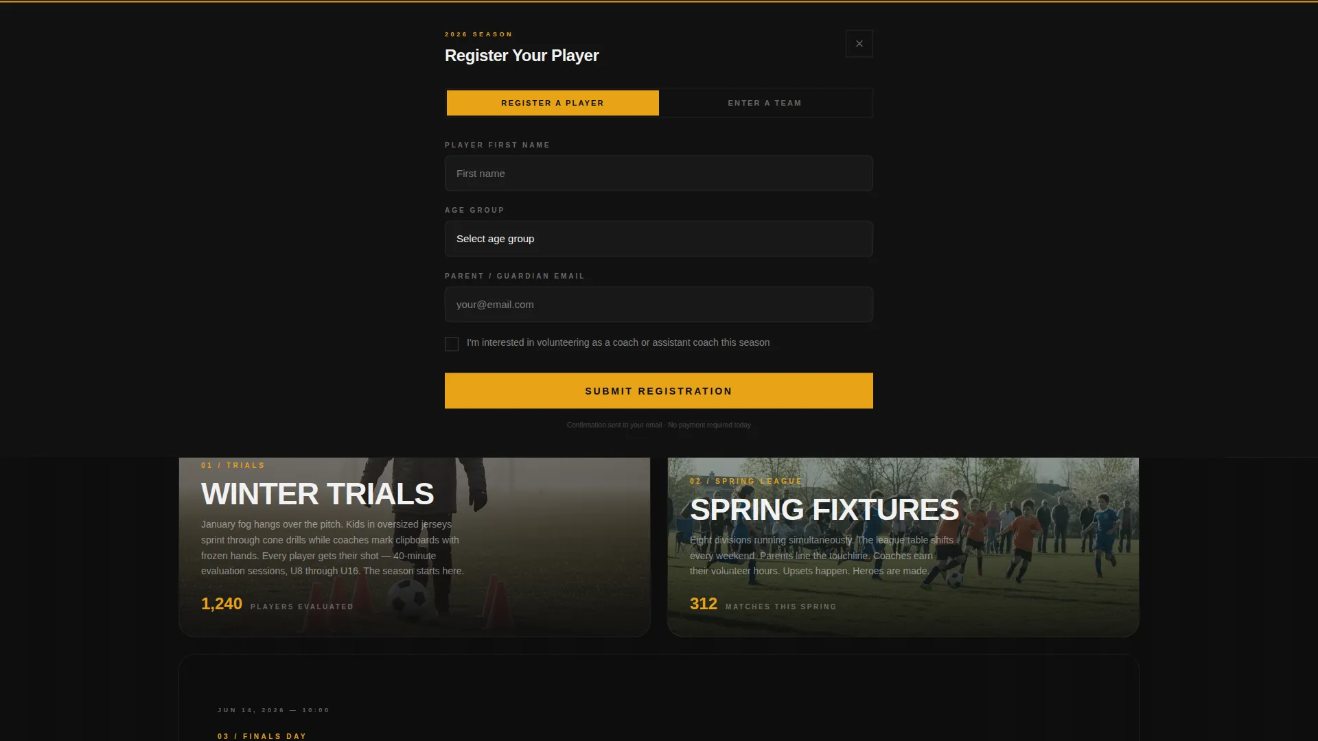 Cinematic Youth Soccer League Landing Page