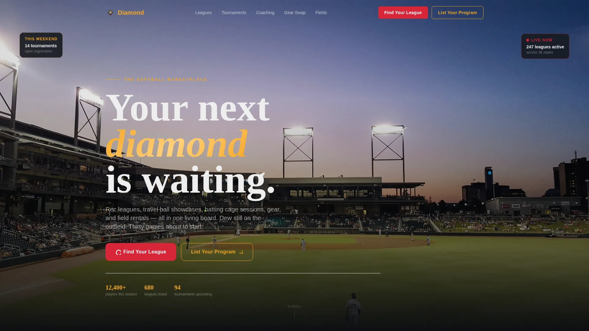 Softball Landing Page Template for Leagues & Clubs
