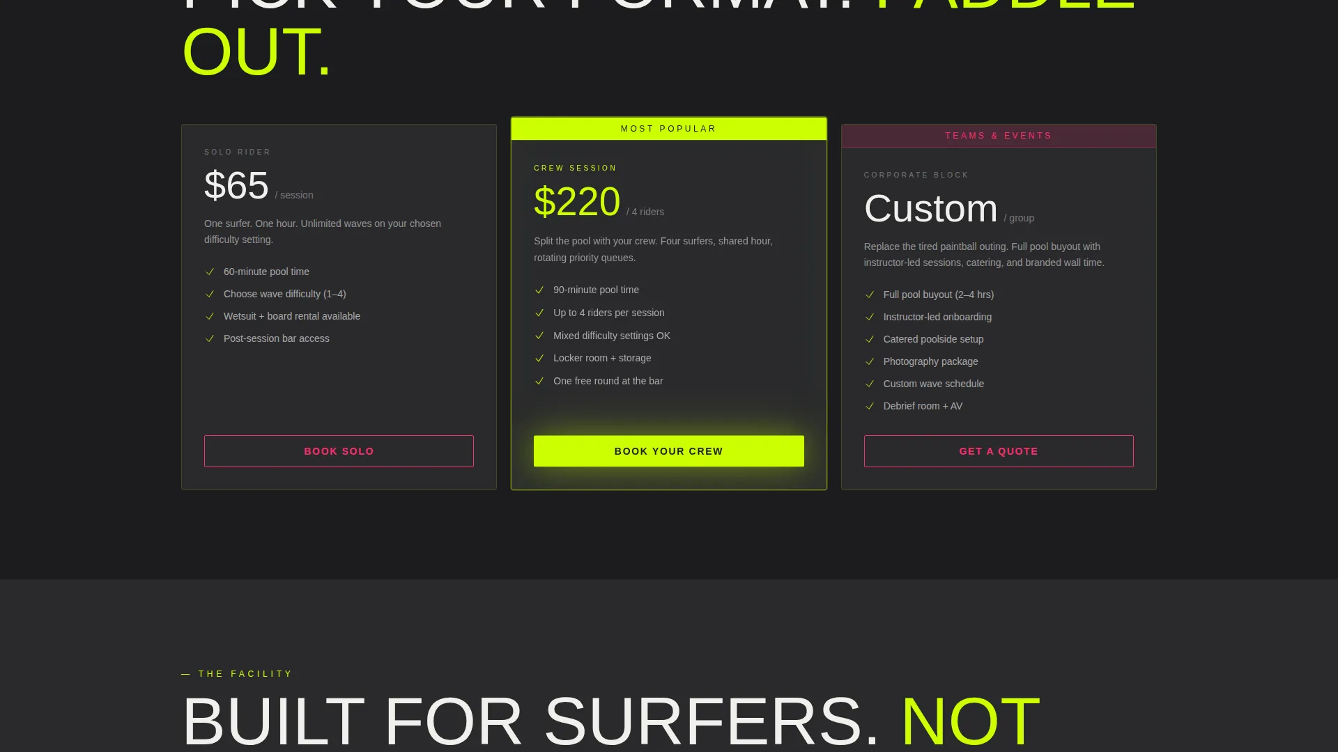 Industrial Wave Pool Surfing Venue Landing Page