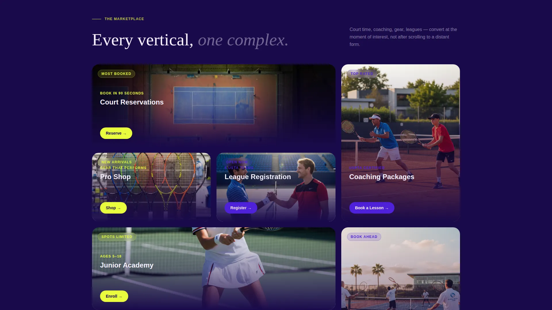 Tennis Club Landing Page Template | Card Grid
