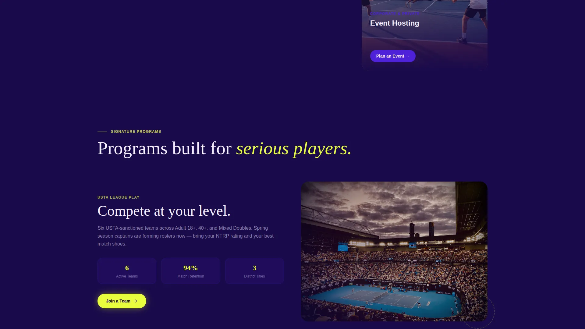 Tennis Club Landing Page Template | Card Grid