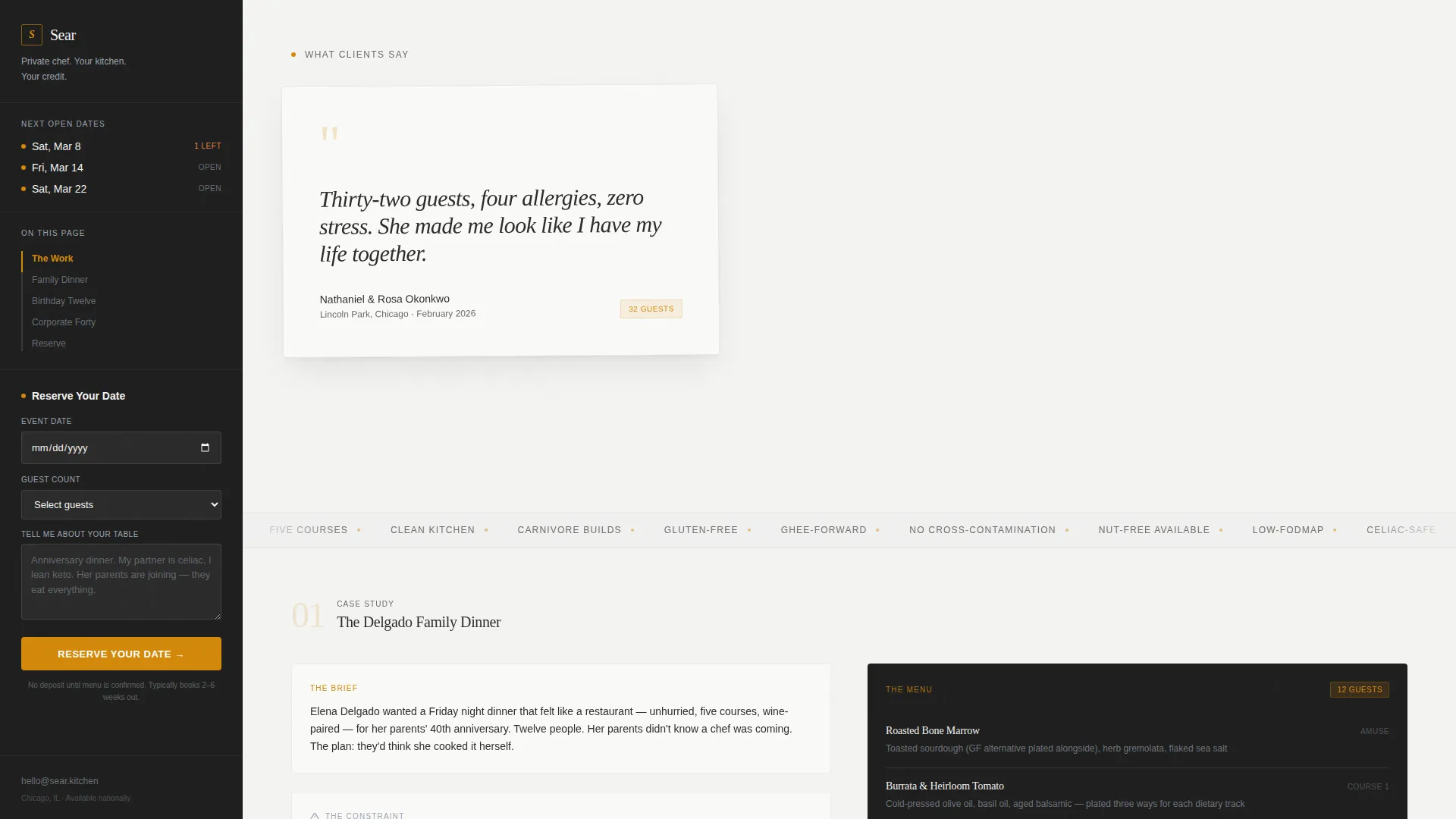 Private Chef Landing Page Template with Sidebar