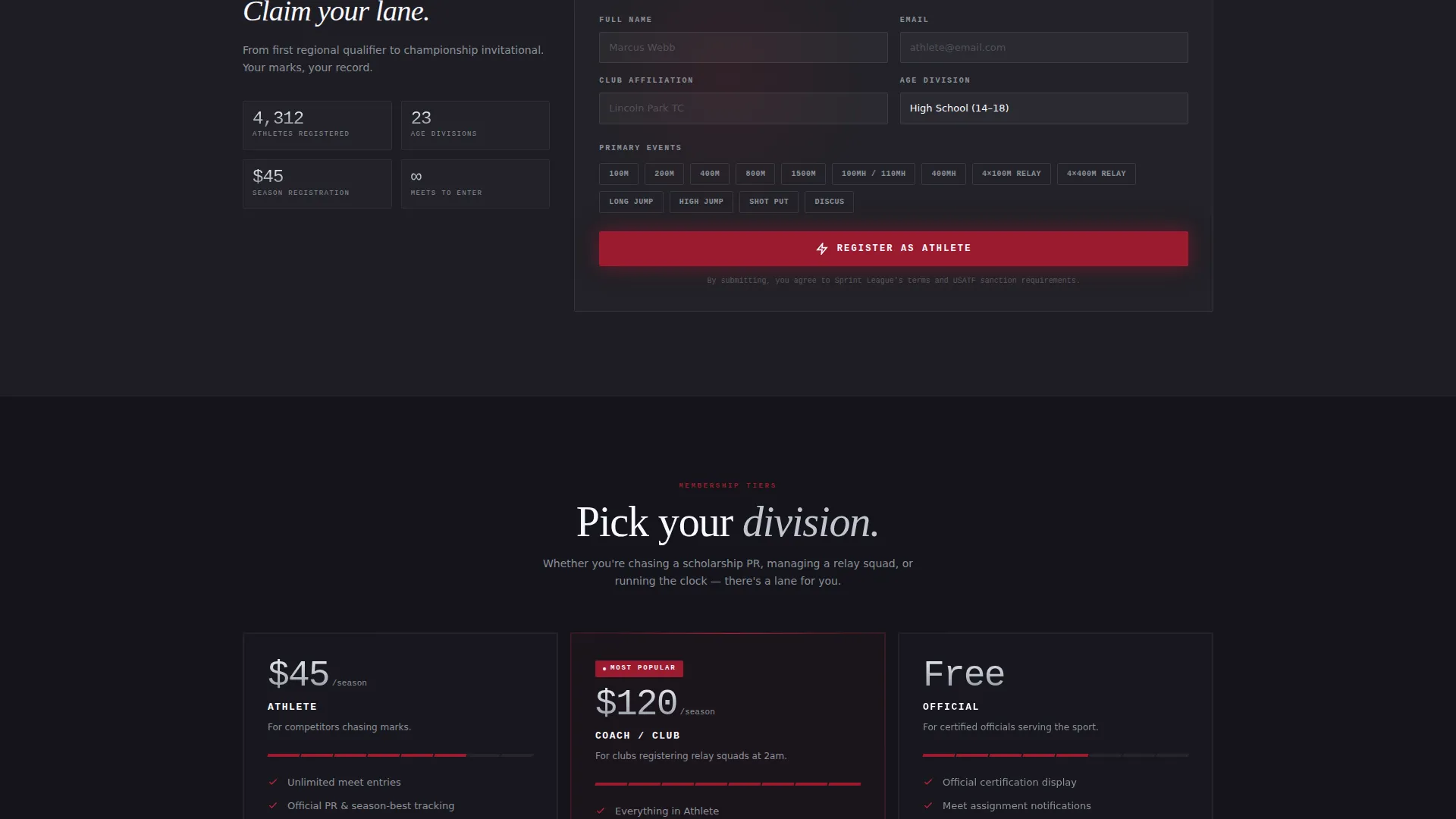 Track & Field League Landing Page Template