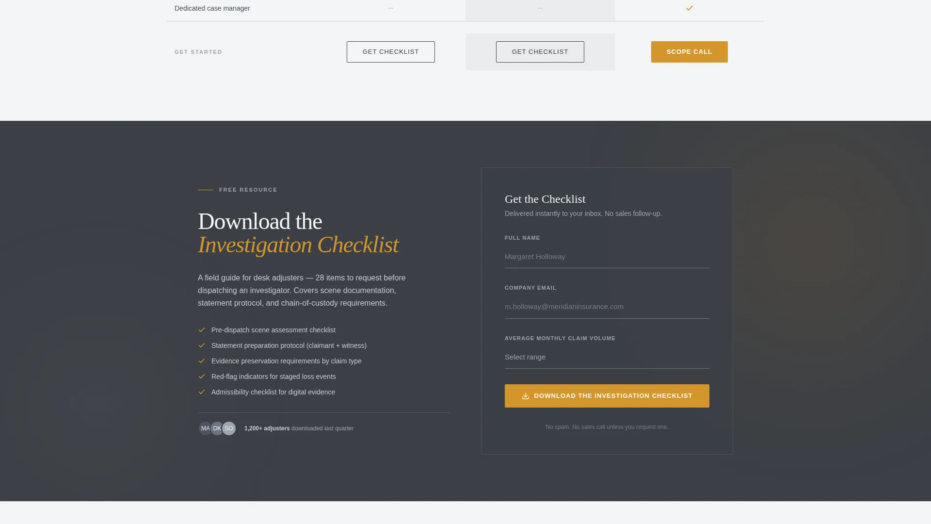 Claims Investigator Booking Landing Page Template