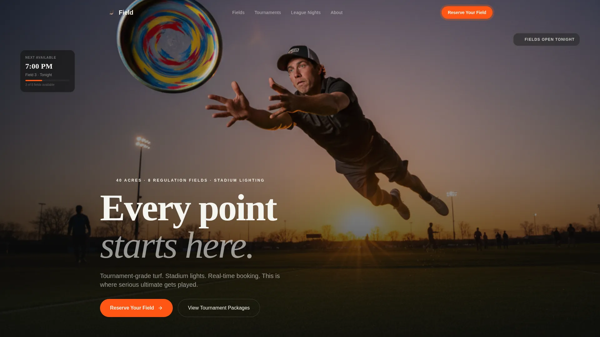 Ultimate Frisbee Venue Bento Grid Landing Page