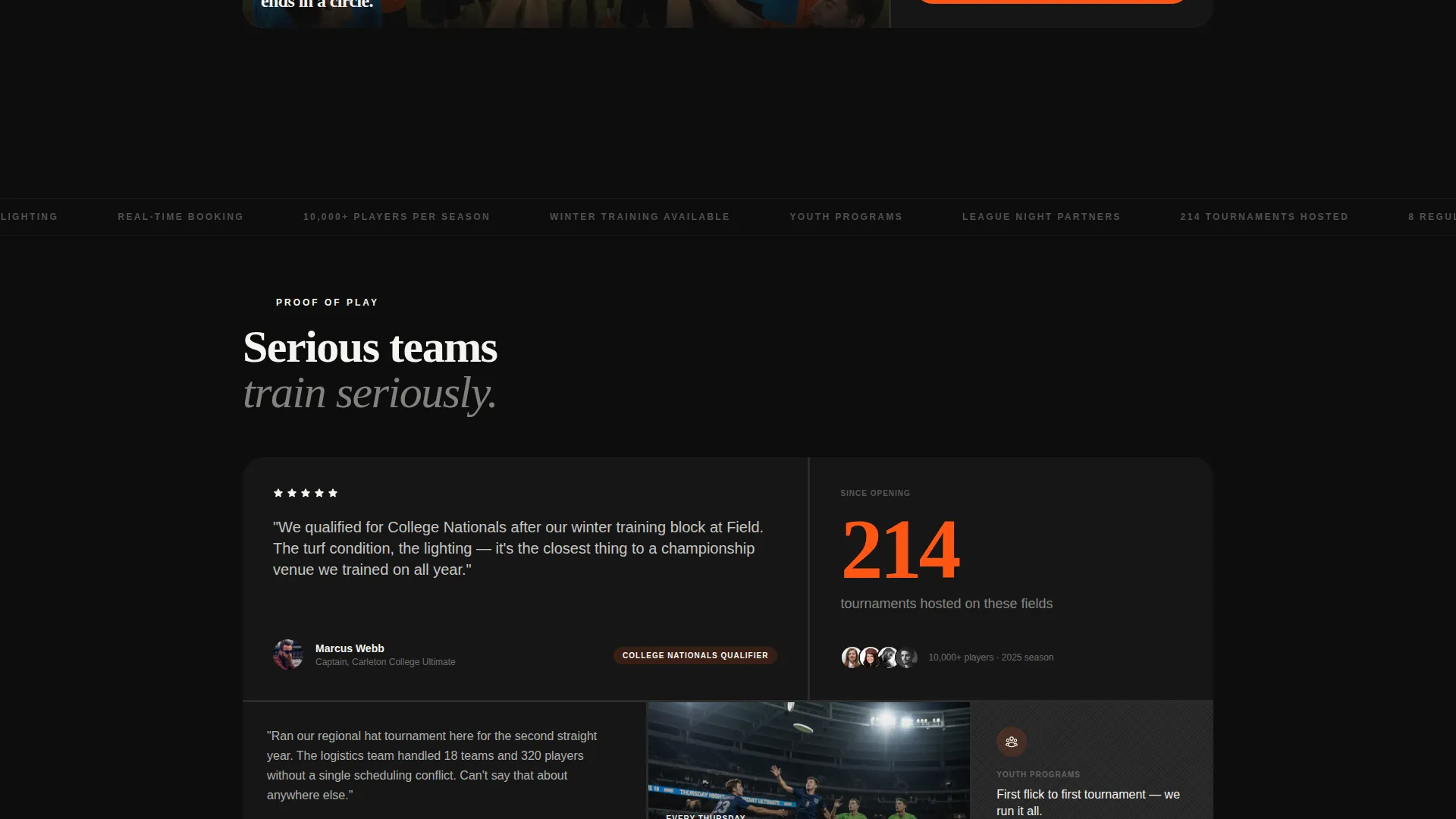 Ultimate Frisbee Venue Bento Grid Landing Page