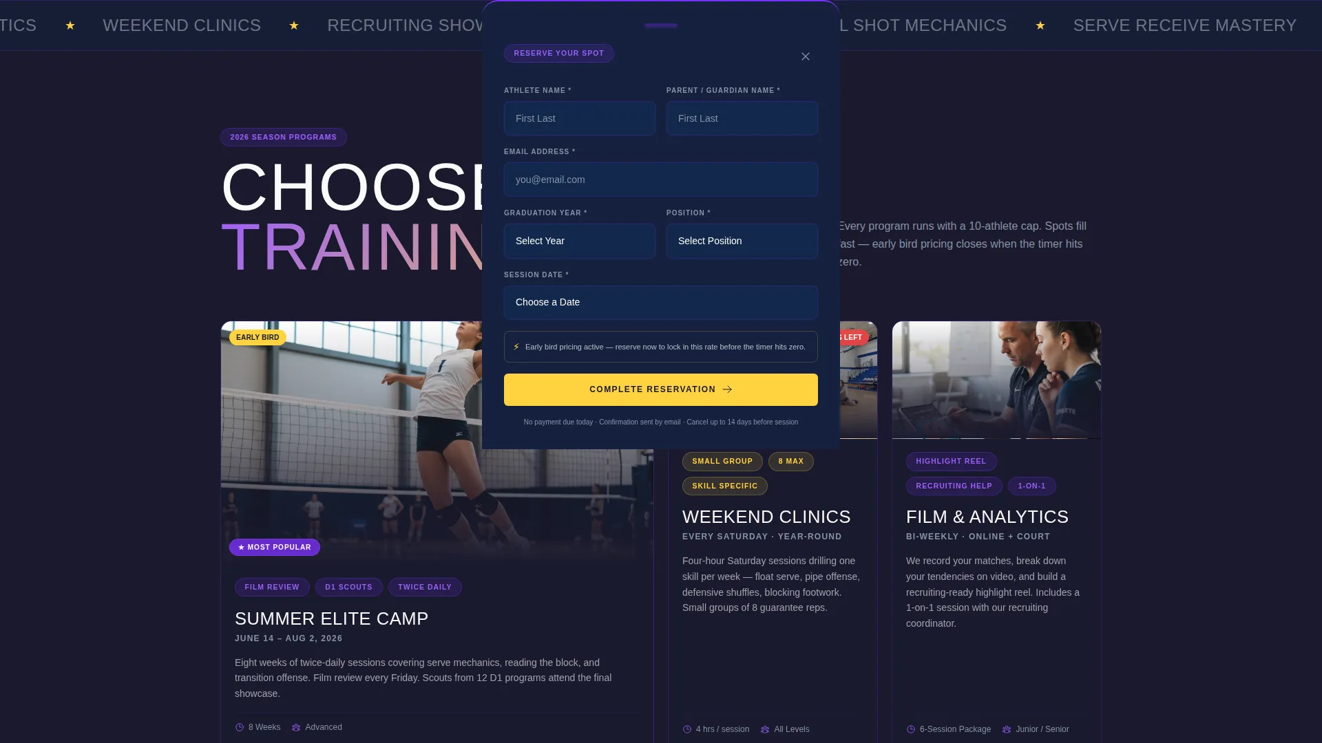 Elite Volleyball College Landing Page Template