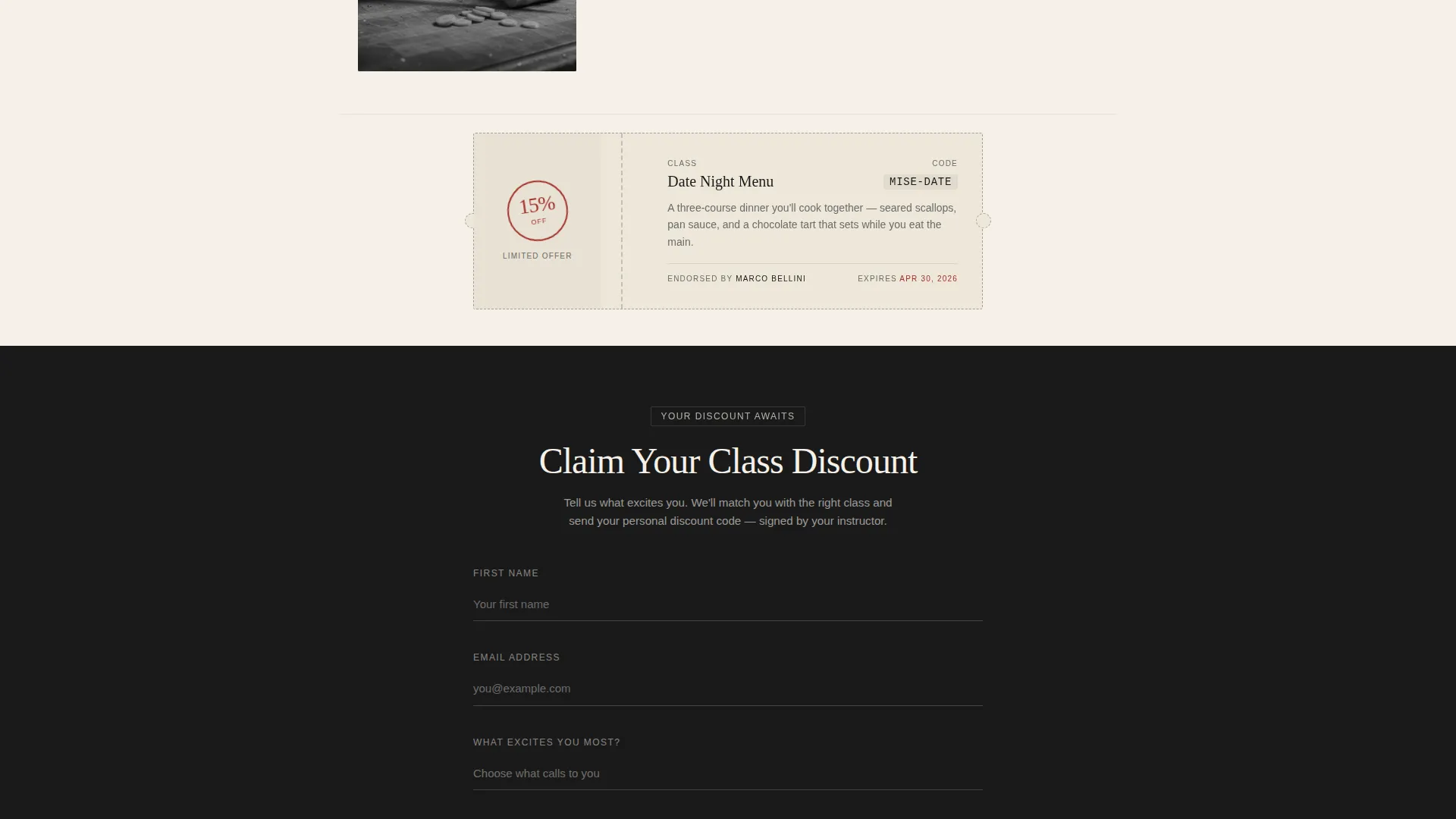 Cooking School Coupon & Discount Landing Page Template