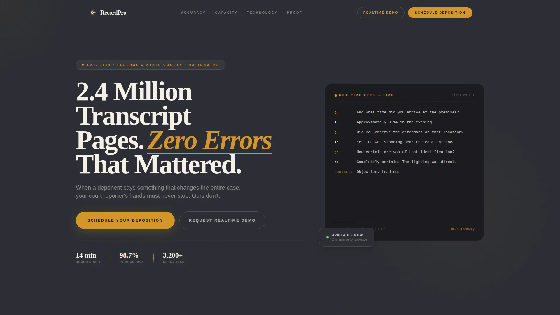 Court Reporter Landing Page Template | Charcoal & Amber