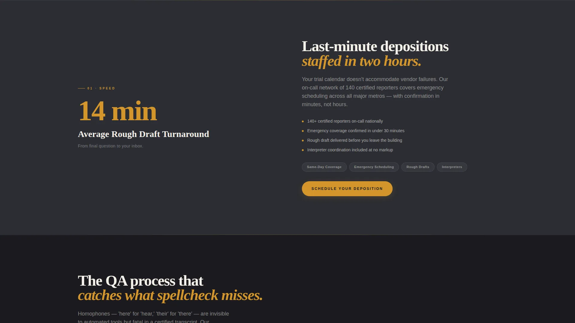 Court Reporter Landing Page Template | Charcoal & Amber