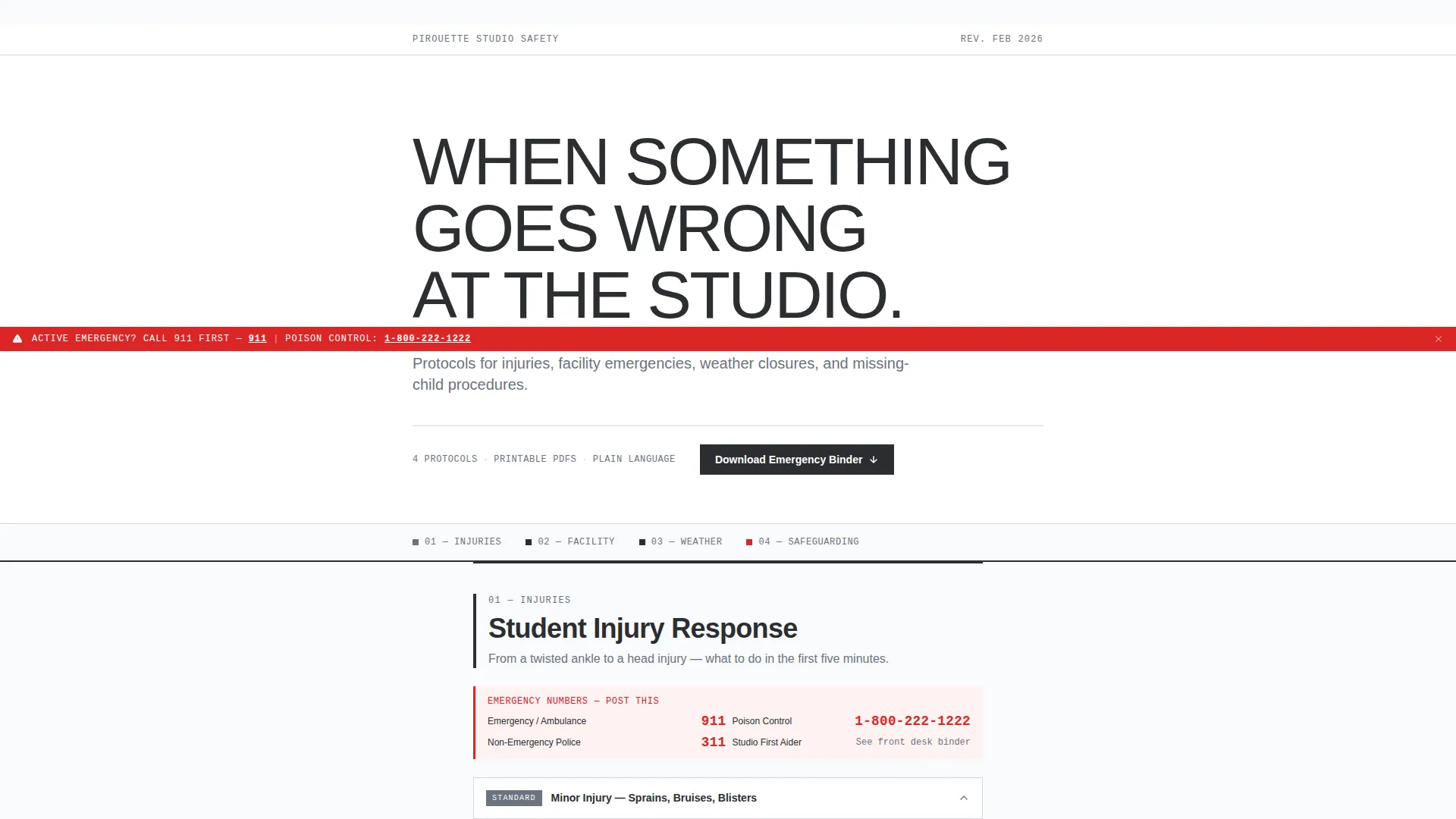 Dance Studio Emergency Protocol Landing Page