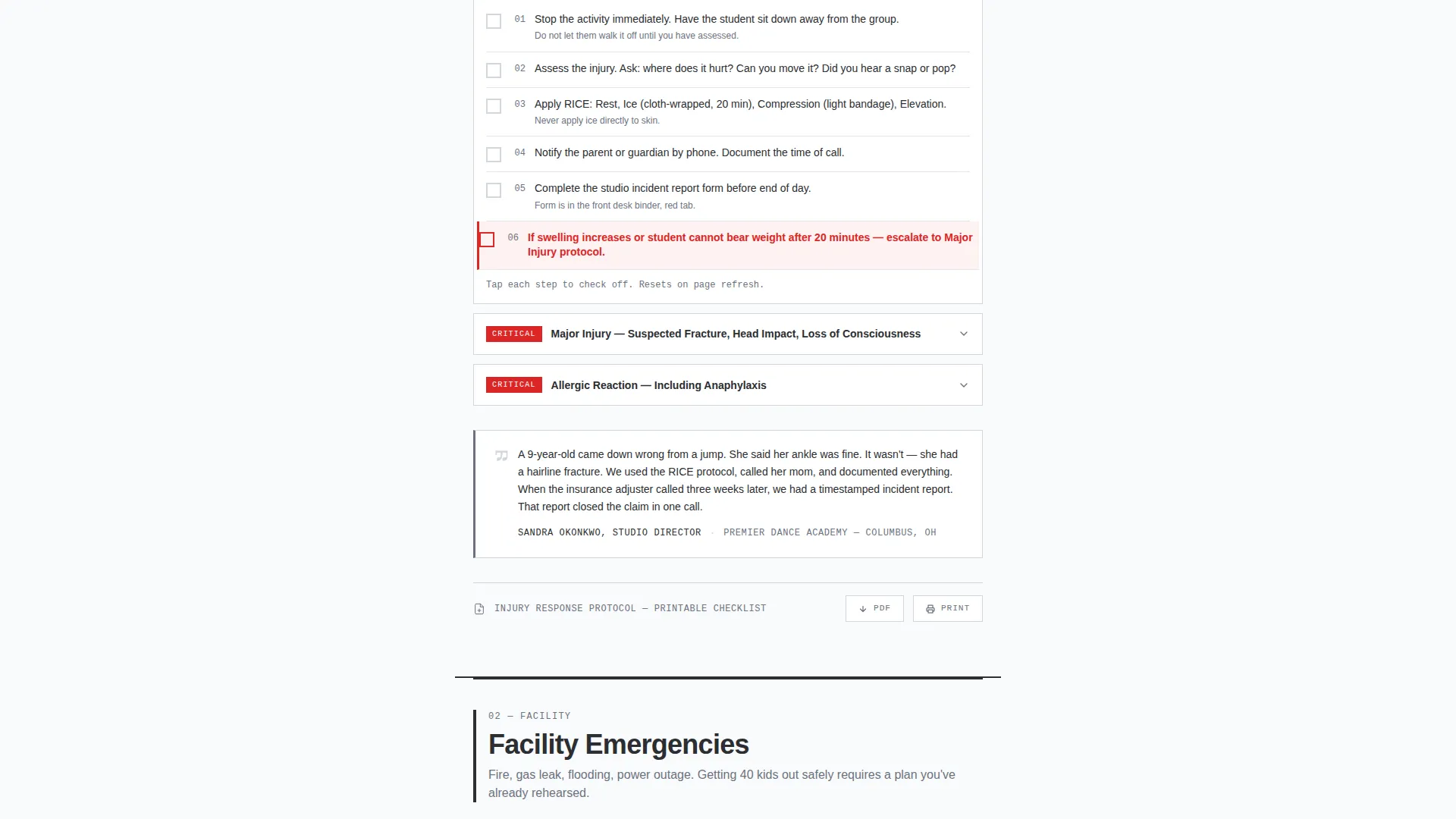 Dance Studio Emergency Protocol Landing Page
