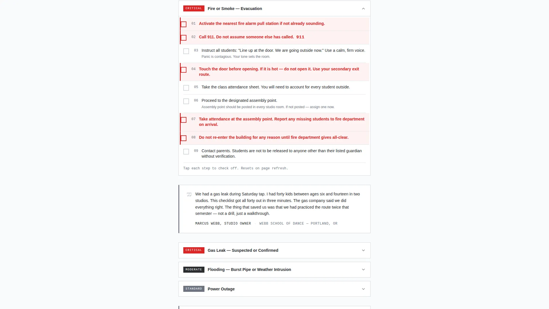 Dance Studio Emergency Protocol Landing Page