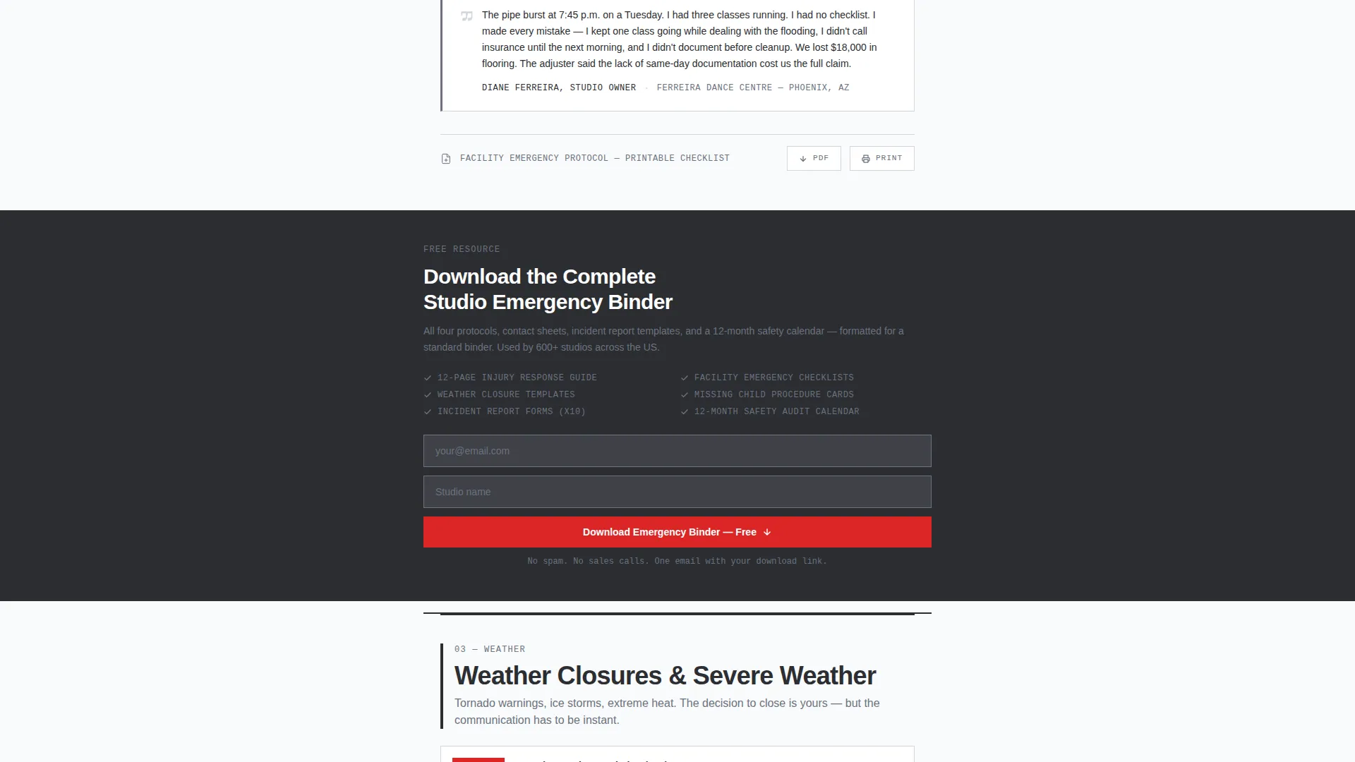 Dance Studio Emergency Protocol Landing Page