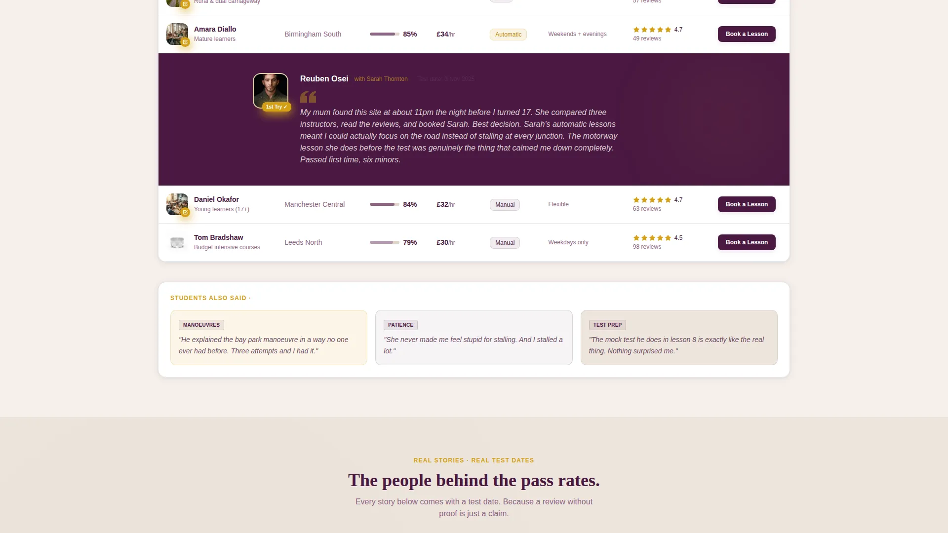 Driving Instructor Reviews & Comparison Landing Page
