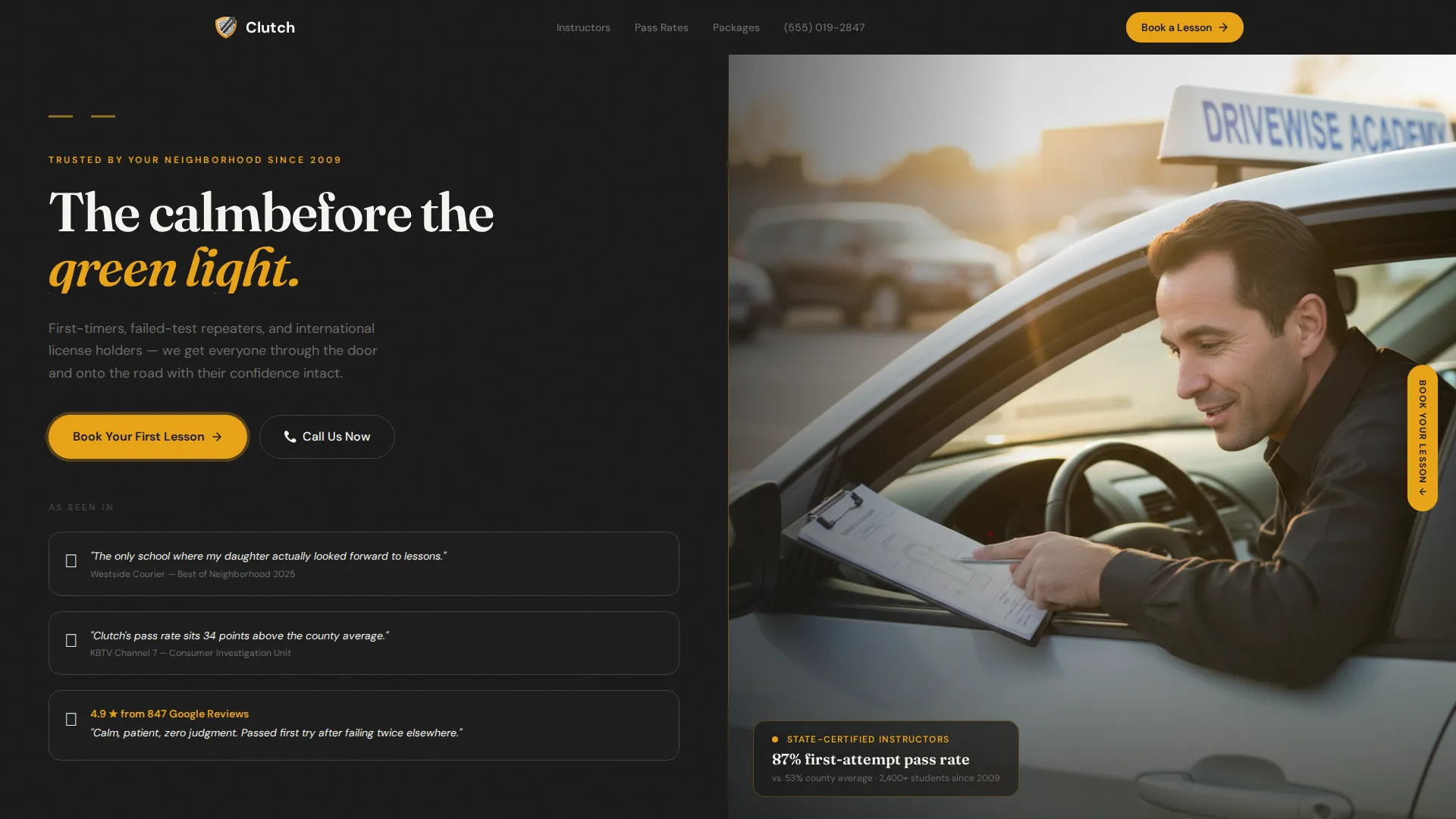 Driving School Landing Page Template | Charcoal & Amber