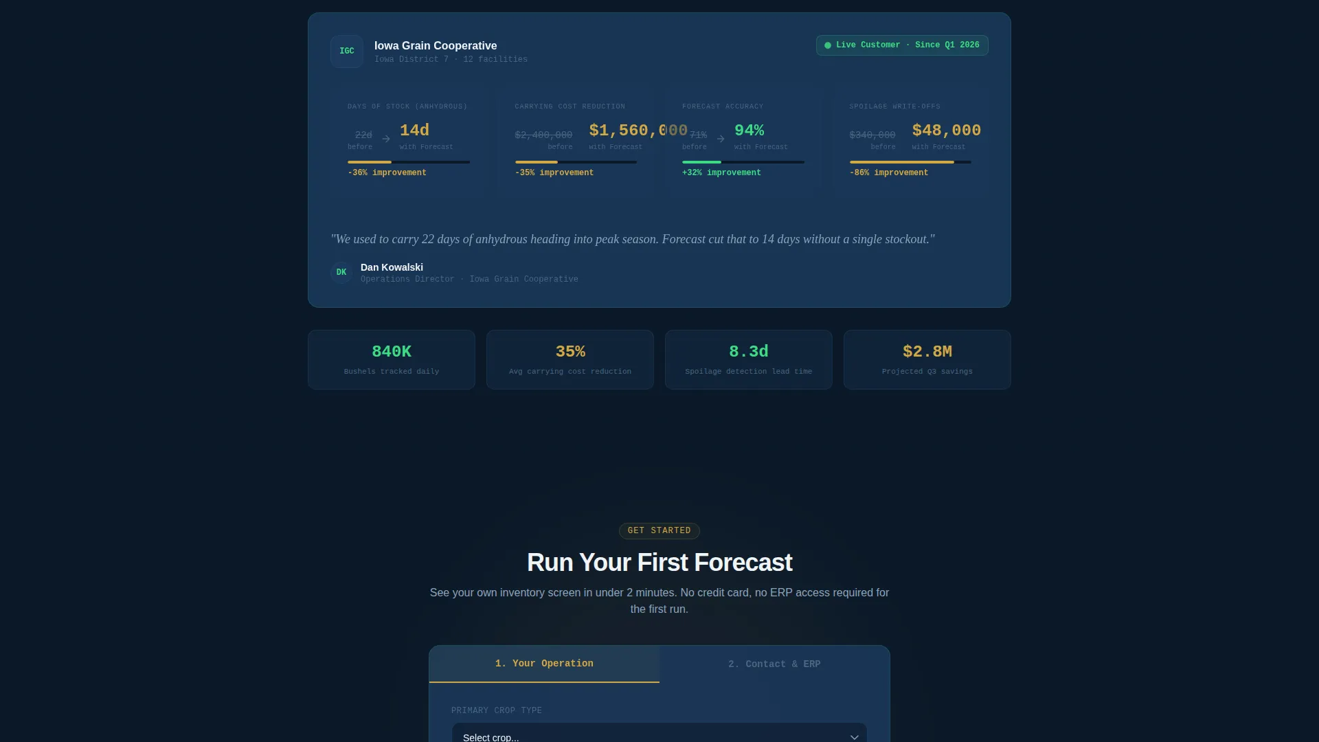 Agriculture AI Inventory Forecasting Landing Page