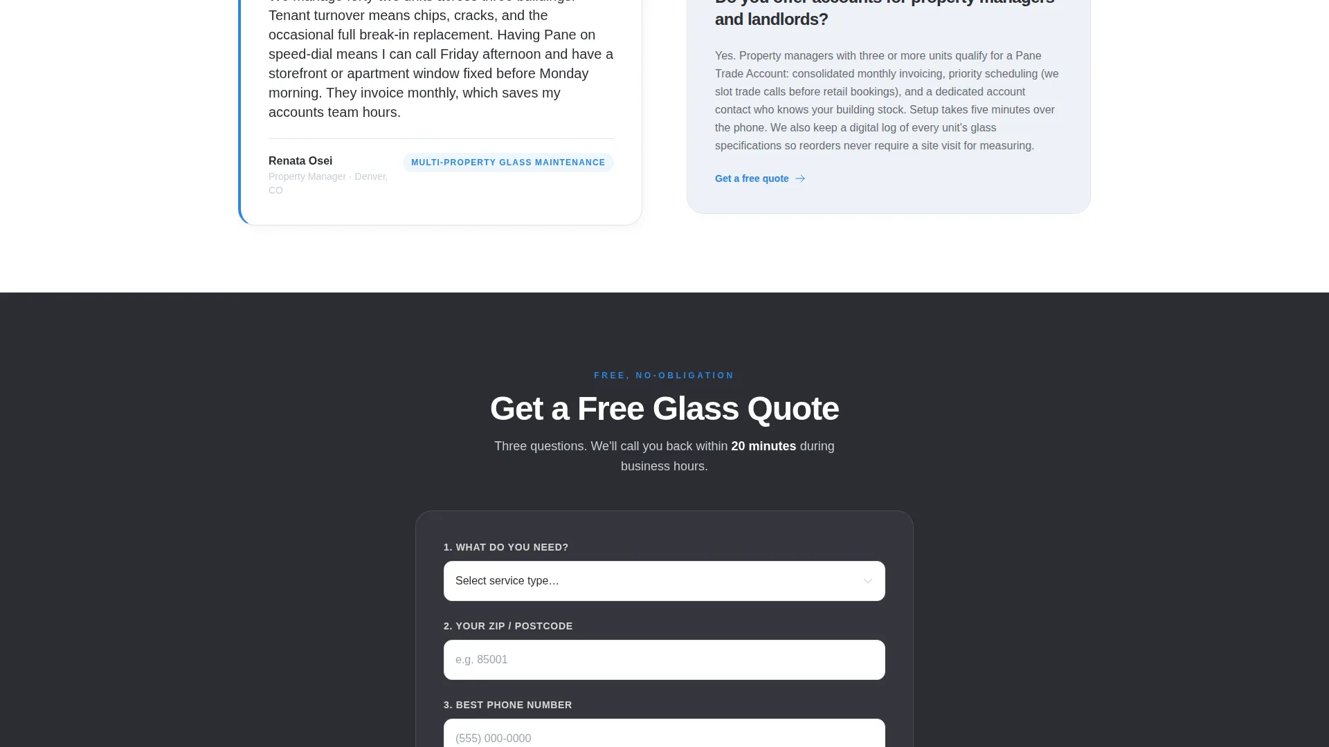 Glazier FAQ & Lead Generation Landing Page Template