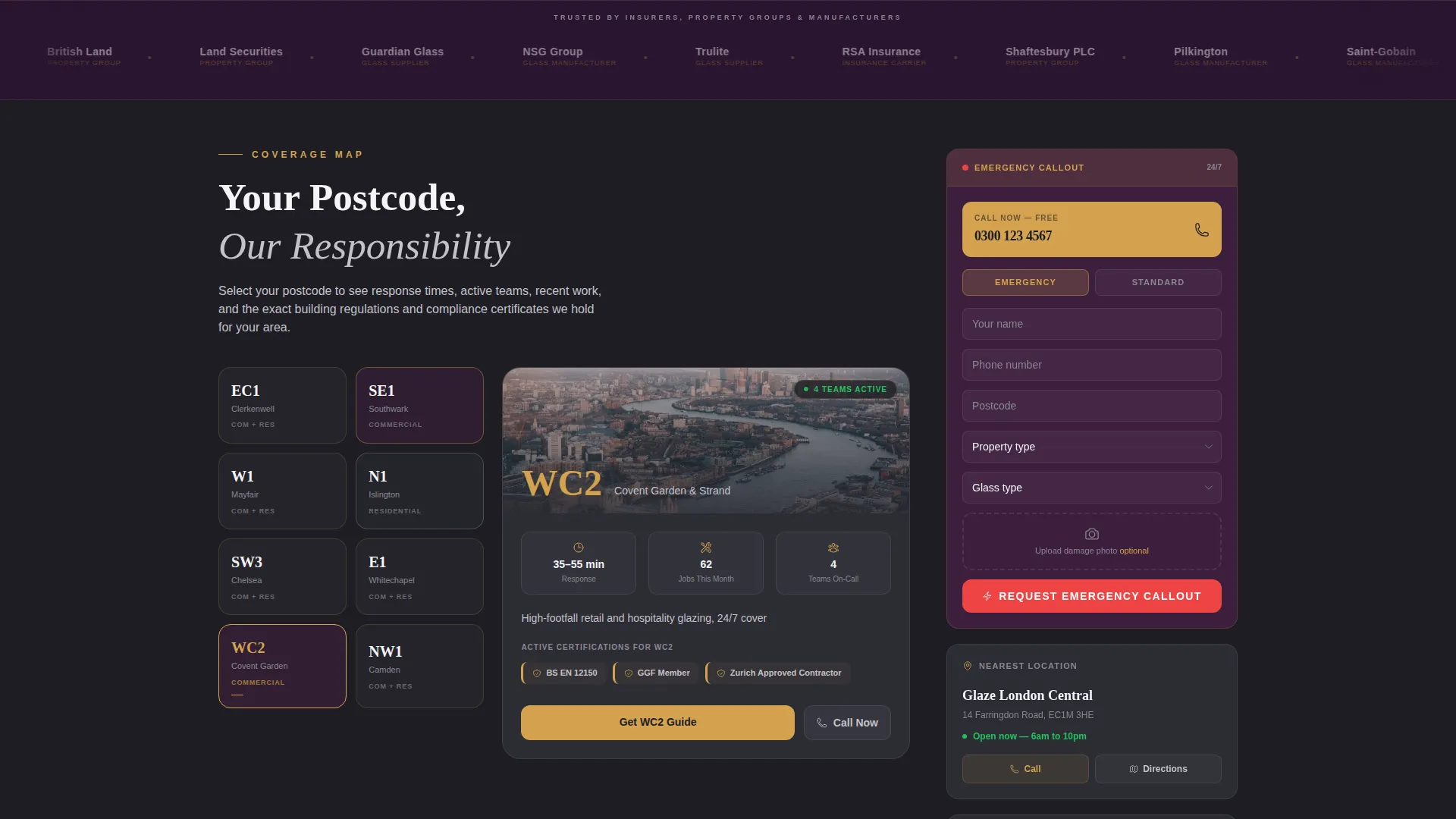 Certified Glazier Service Area Landing Page Template
