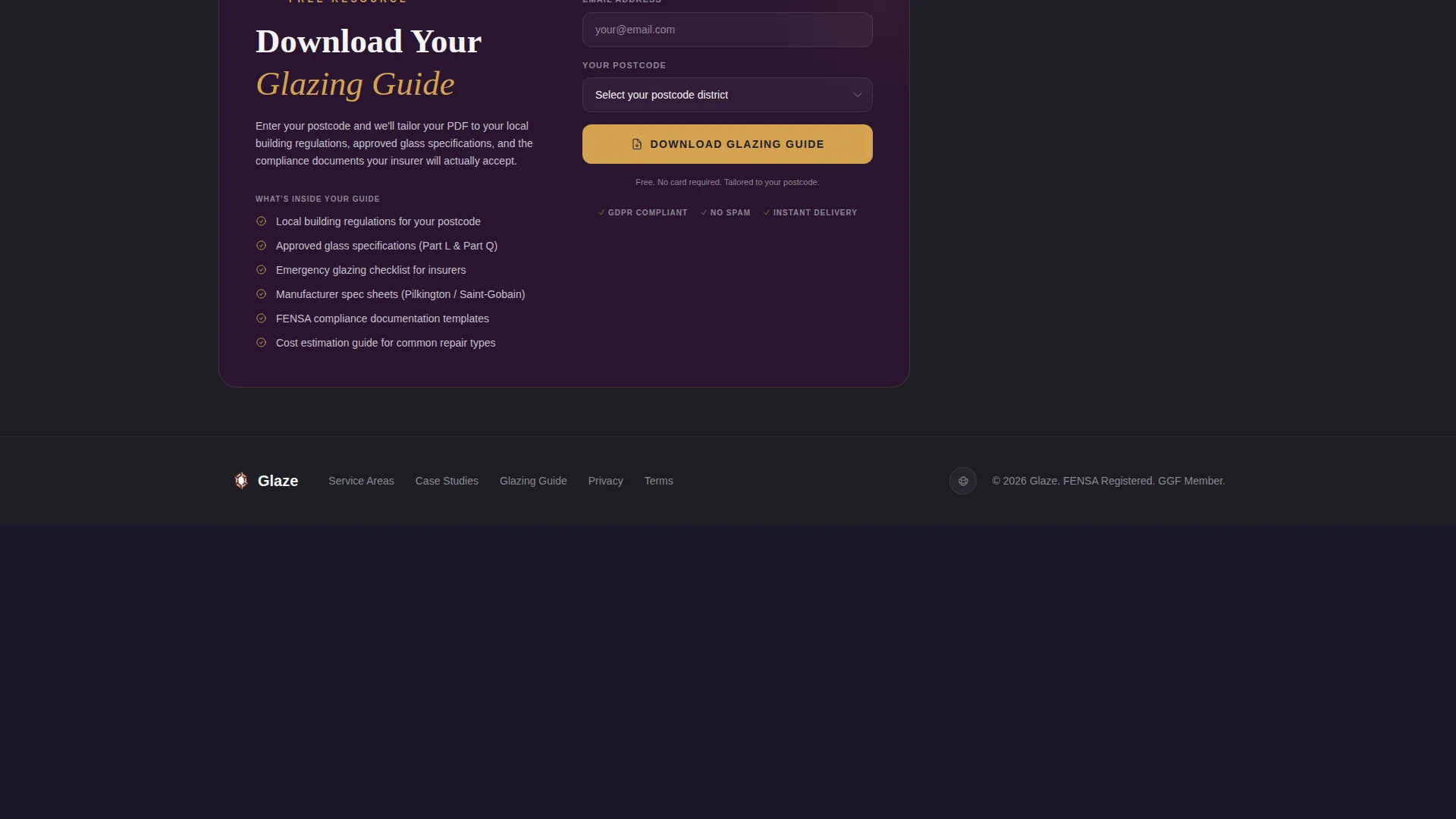 Certified Glazier Service Area Landing Page Template