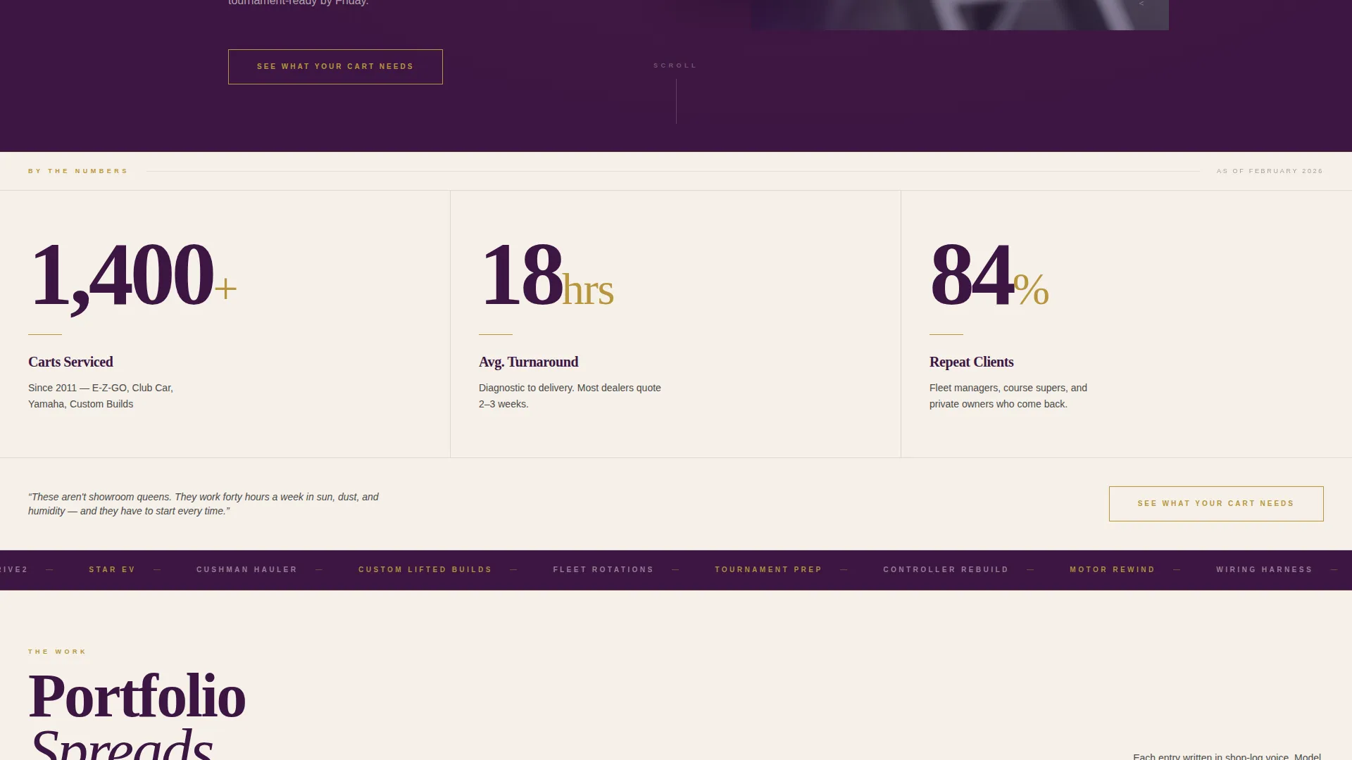 Editorial Golf Cart Mechanic Portfolio Landing Page