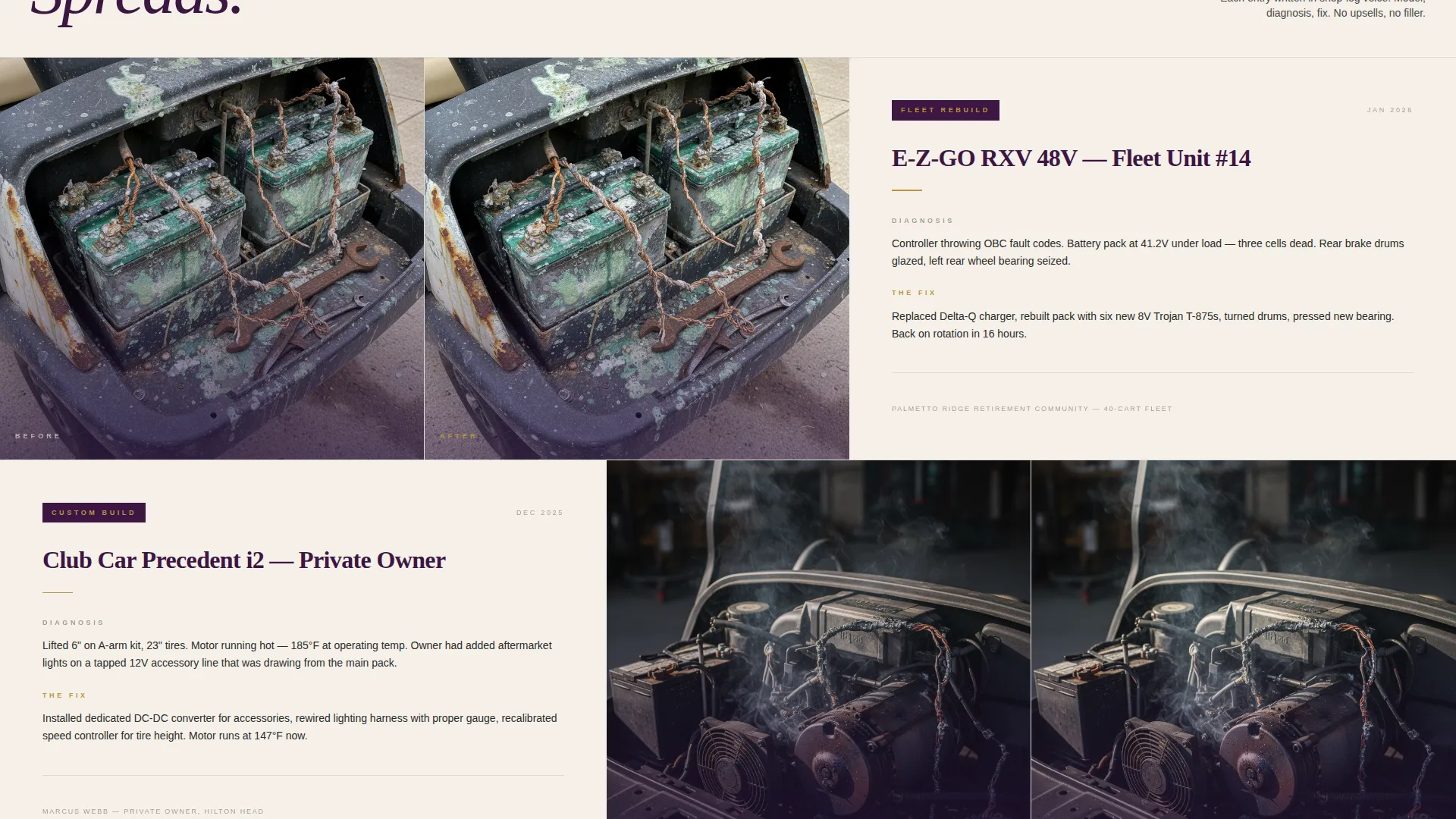 Editorial Golf Cart Mechanic Portfolio Landing Page