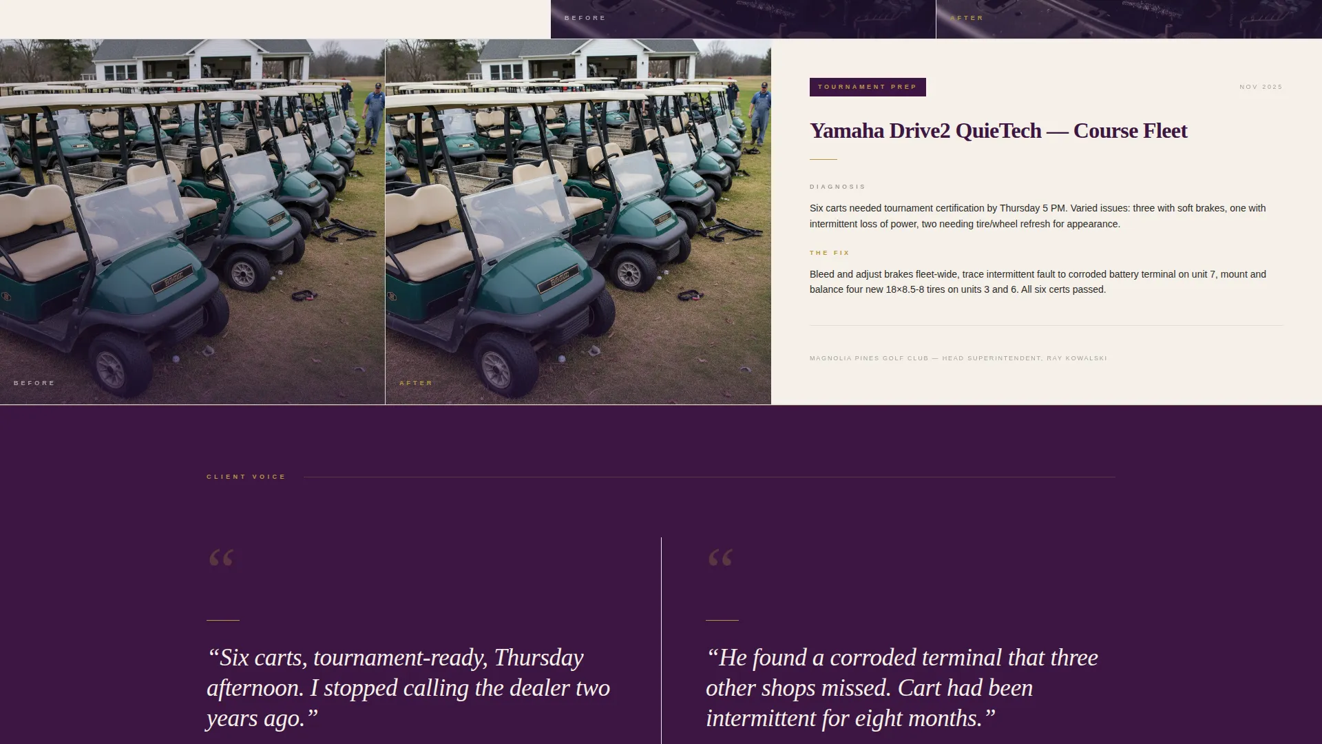 Editorial Golf Cart Mechanic Portfolio Landing Page