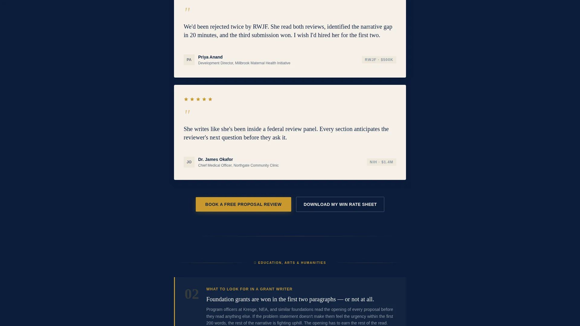 Grant Writer Reviews & Testimonials Landing Page