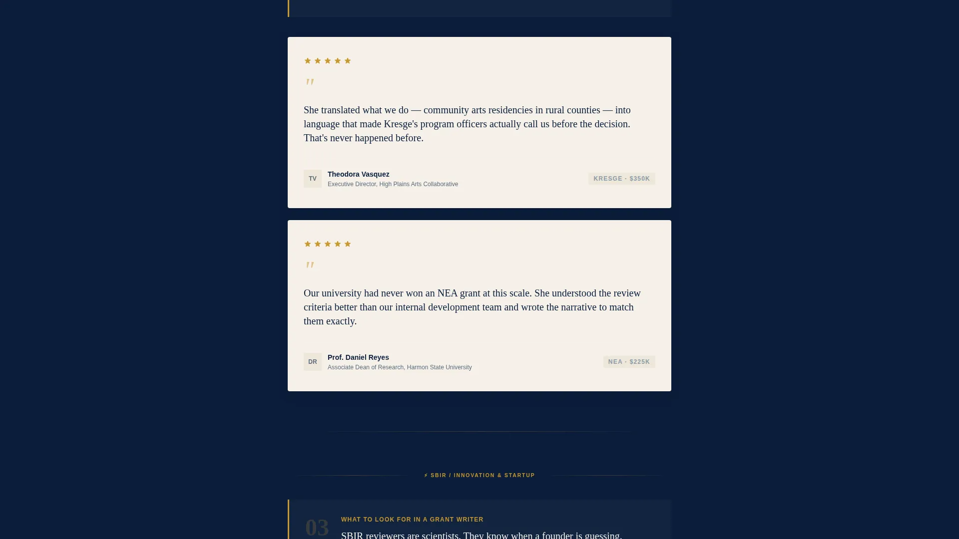 Grant Writer Reviews & Testimonials Landing Page