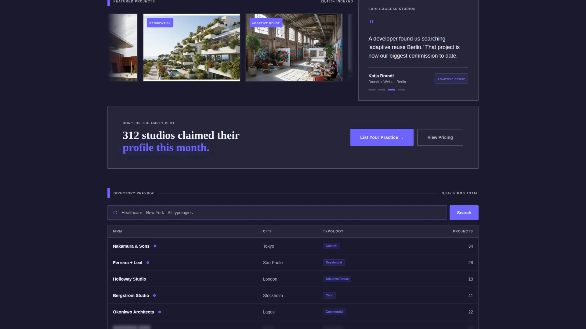 Architecture Directory Bento Grid Landing Page
